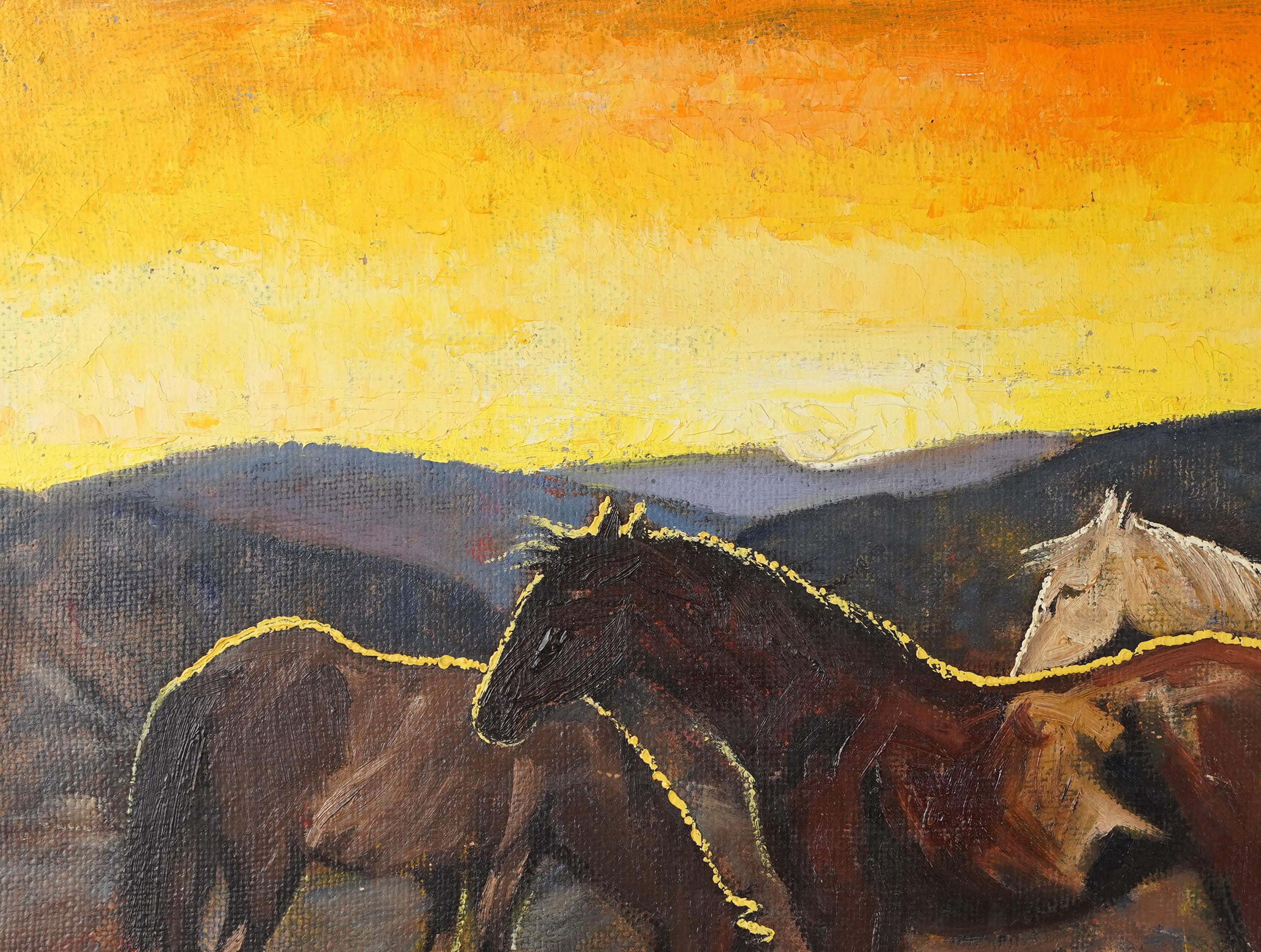 Antique American Expressionist Signed Original Sunset Horse Landscape Painting For Sale 1