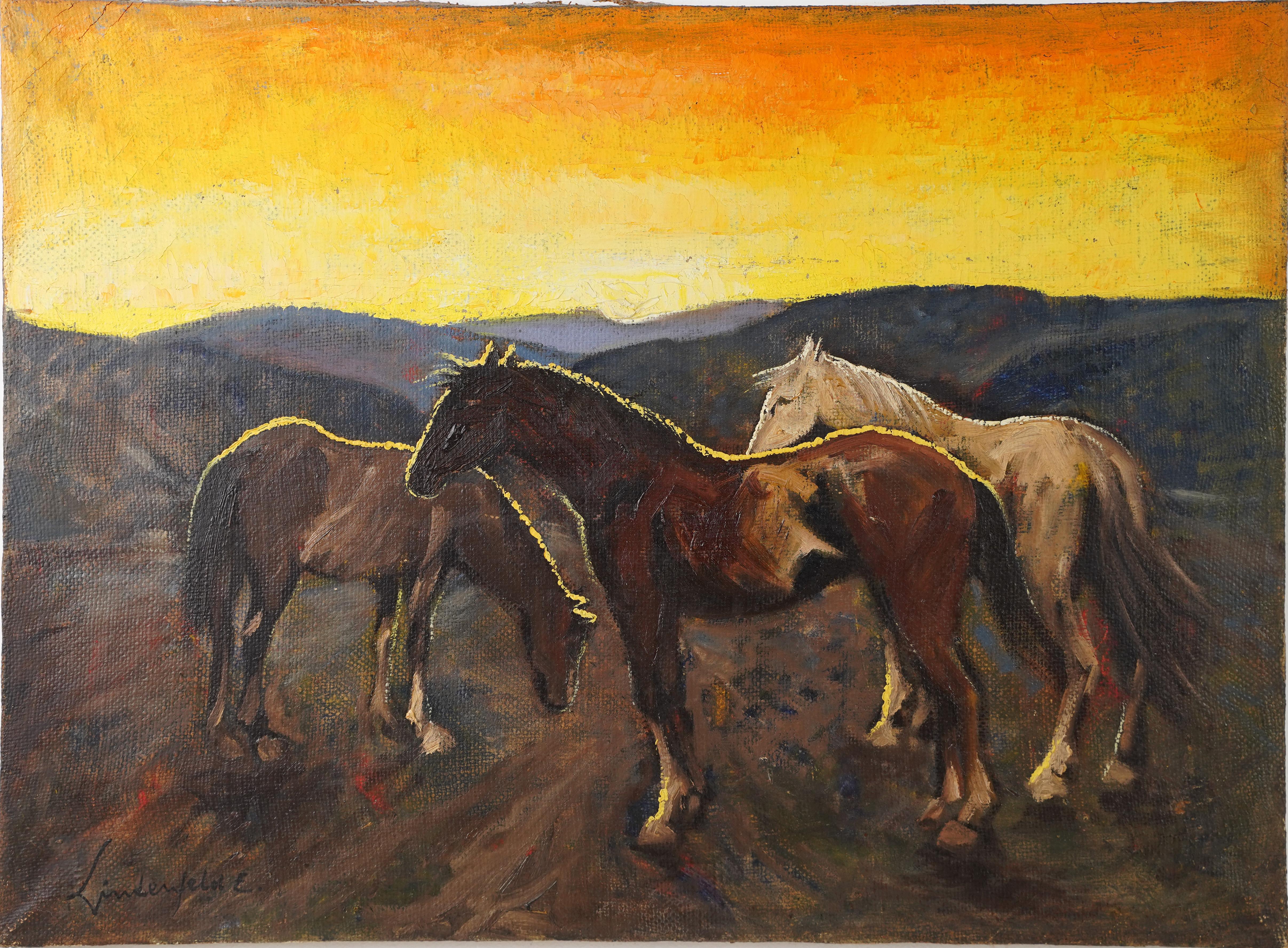 Ancienne peinture expressionniste américaine originale signée représentant un paysage de cheval coucher de soleil