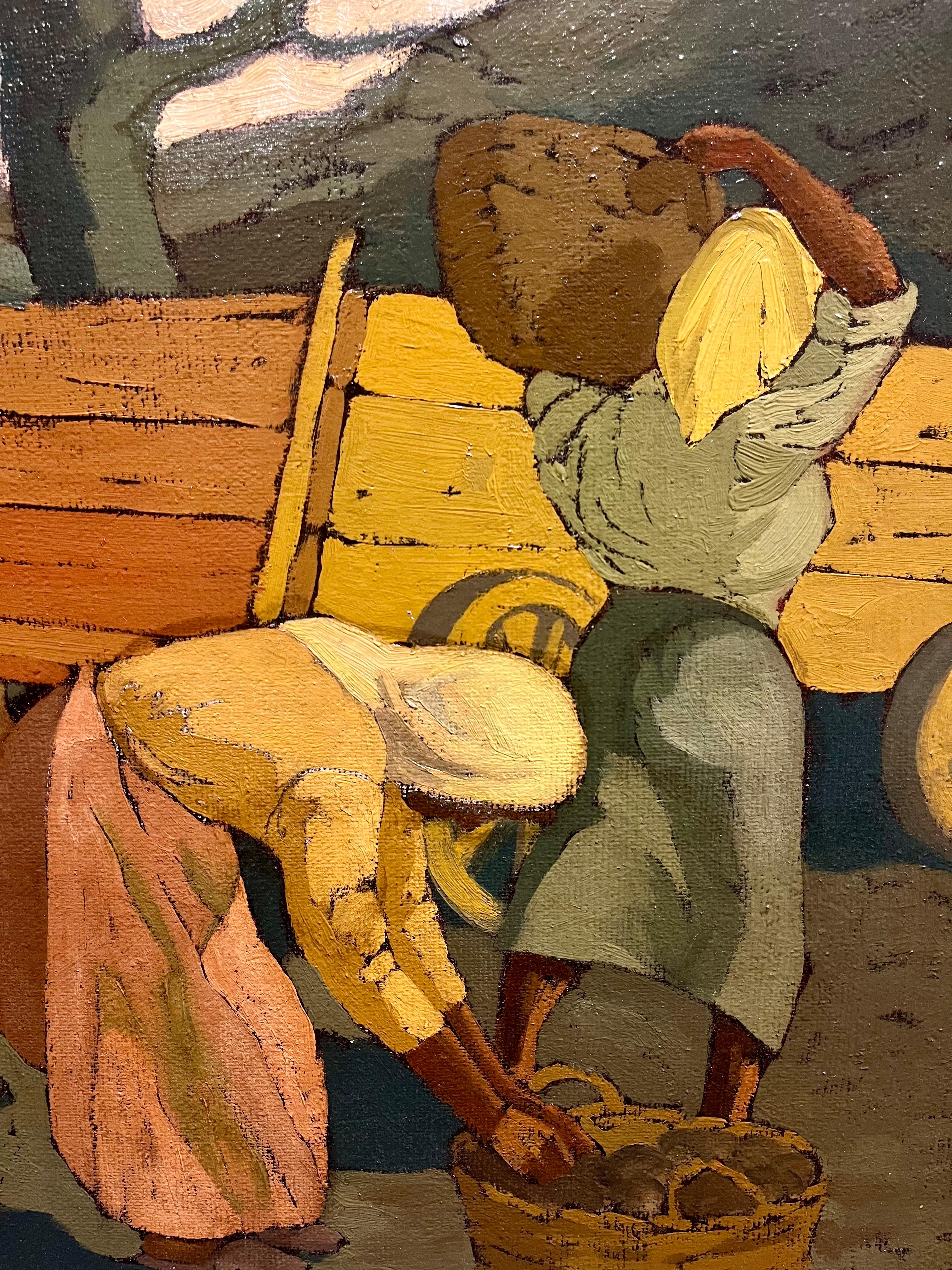 Il dipinto di Emil Lindenfeld, Lavoratrici nei campi, cattura una scena di lavoro rurale, evidenziando la forza e la resilienza delle donne. Nell'opera è raffigurato un gruppo di donne che solleva cesti intrecciati da un carro di legno, con una