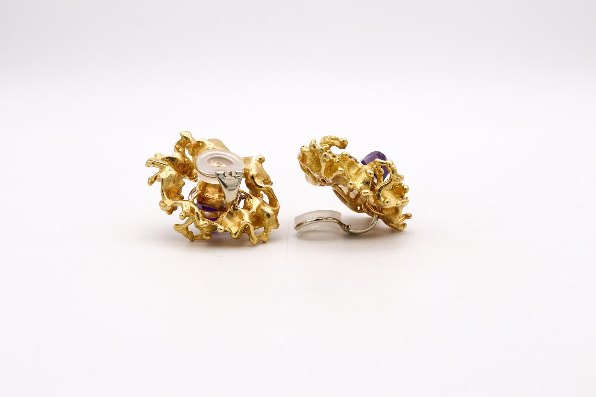 Post-War Emil Meister 1960 Zurich 18Kt Gold Palladium Earrings 21.12 Ctw Diamond Amethyst