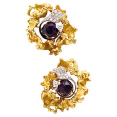 Vintage Emil Meister 1960 Zurich 18Kt Gold Palladium Earrings 21.12 Ctw Diamond Amethyst