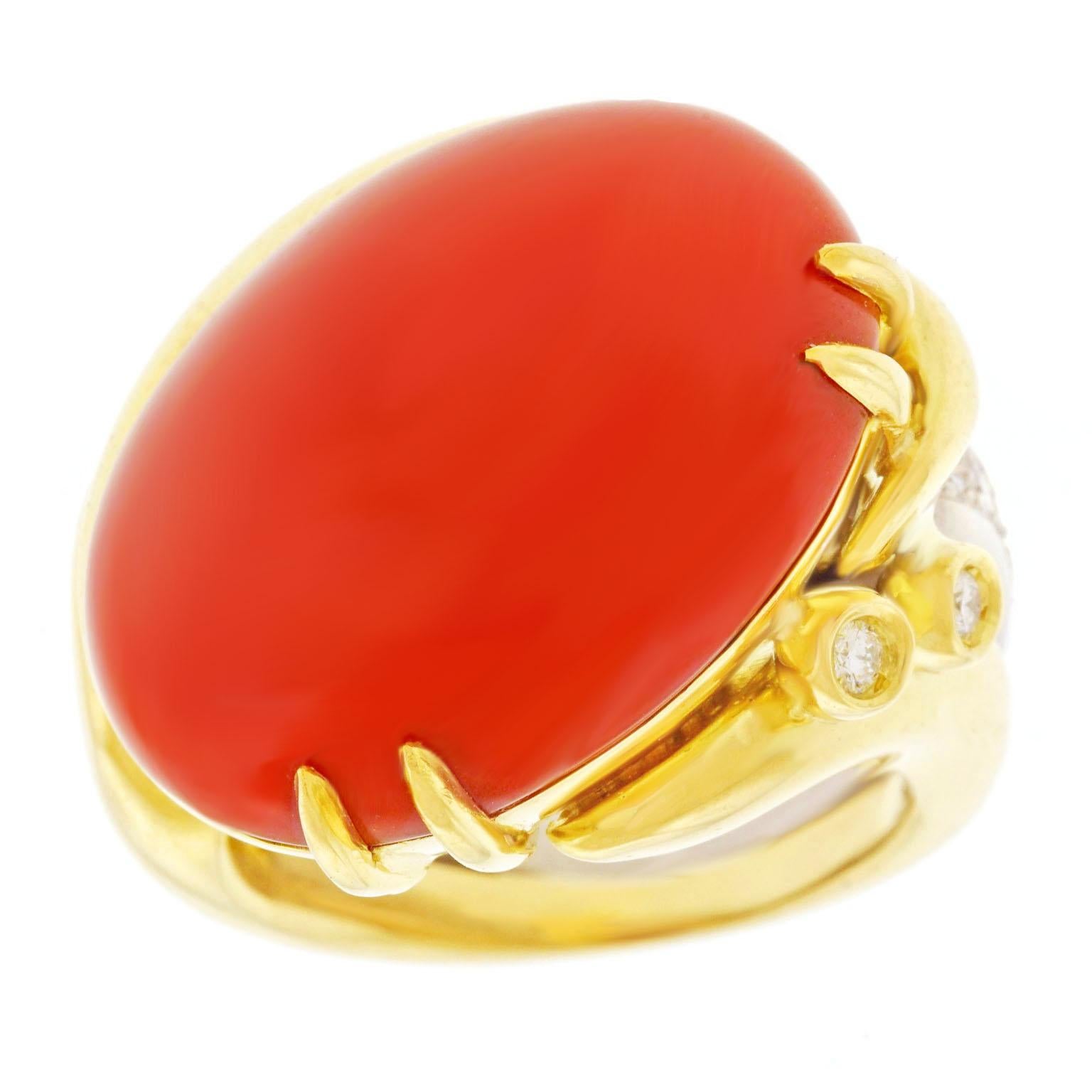 Emil Meister Coral and Diamond Gold Ring In Excellent Condition In Litchfield, CT