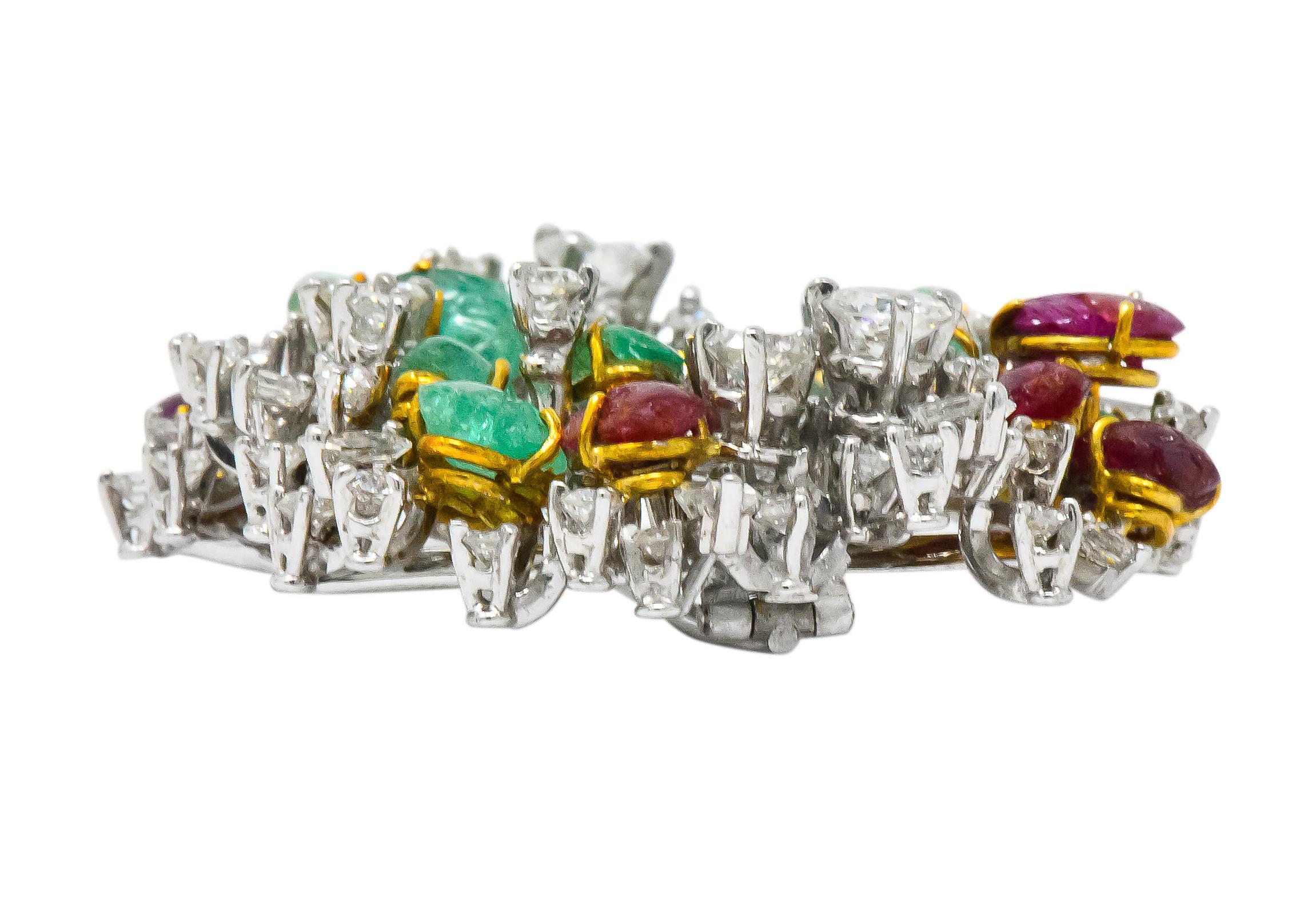 Round Cut Emil Meister Retro 11.90 Carat Diamond Ruby Emerald 18 Karat Brooch Earrings