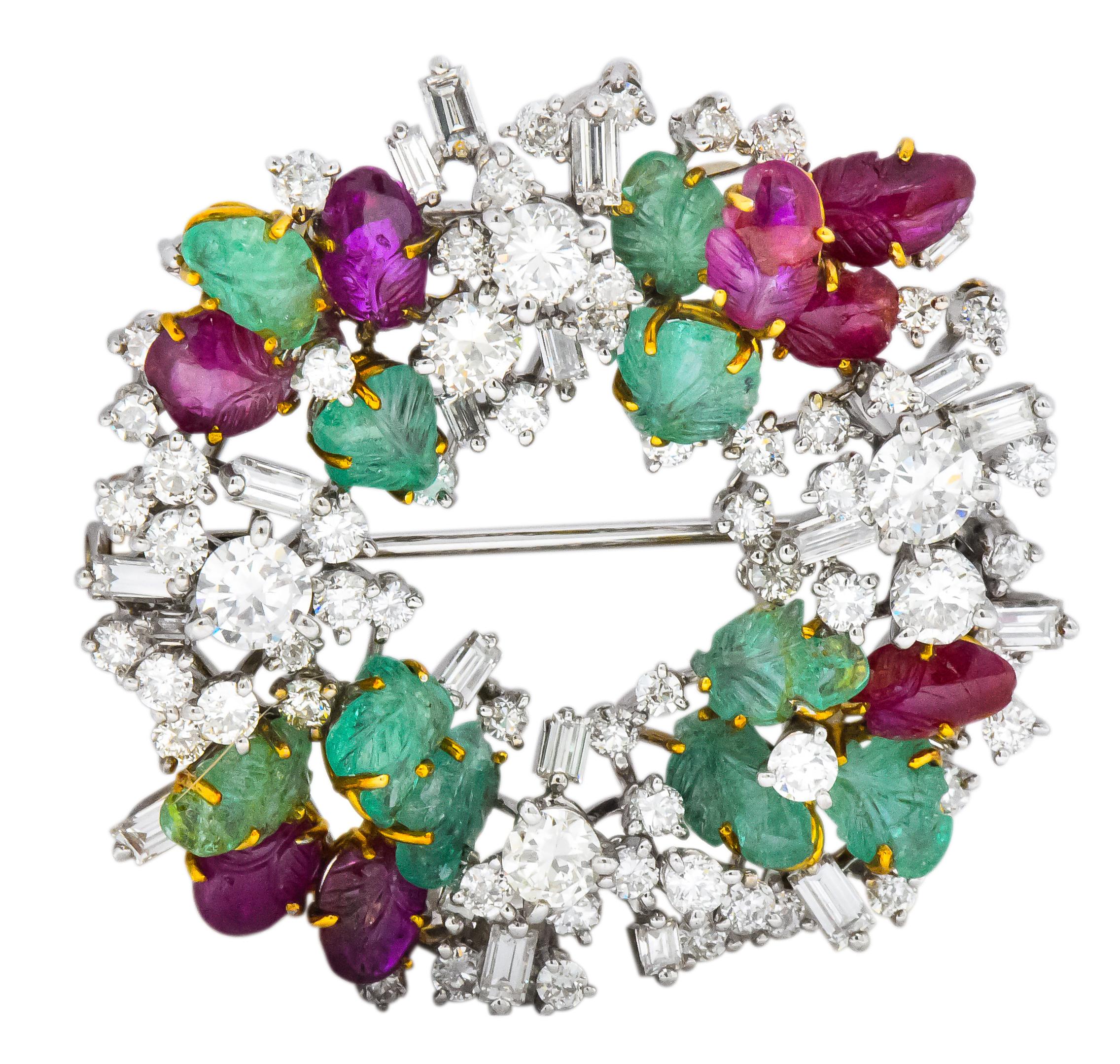 Emil Meister Retro 11.90 Carat Diamond Ruby Emerald 18 Karat Brooch Earrings In Excellent Condition In Philadelphia, PA