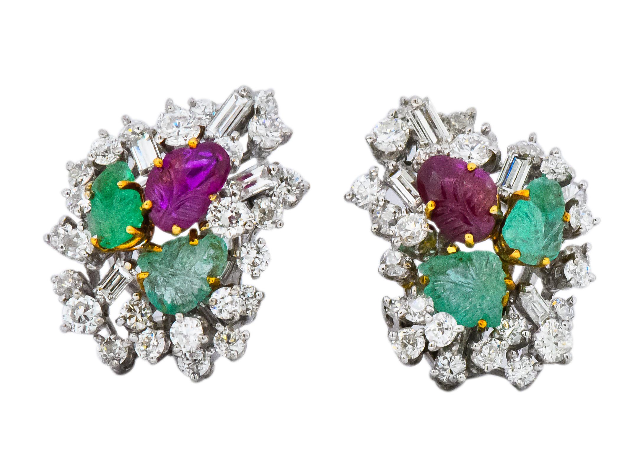 Women's or Men's Emil Meister Retro 11.90 Carat Diamond Ruby Emerald 18 Karat Brooch Earrings