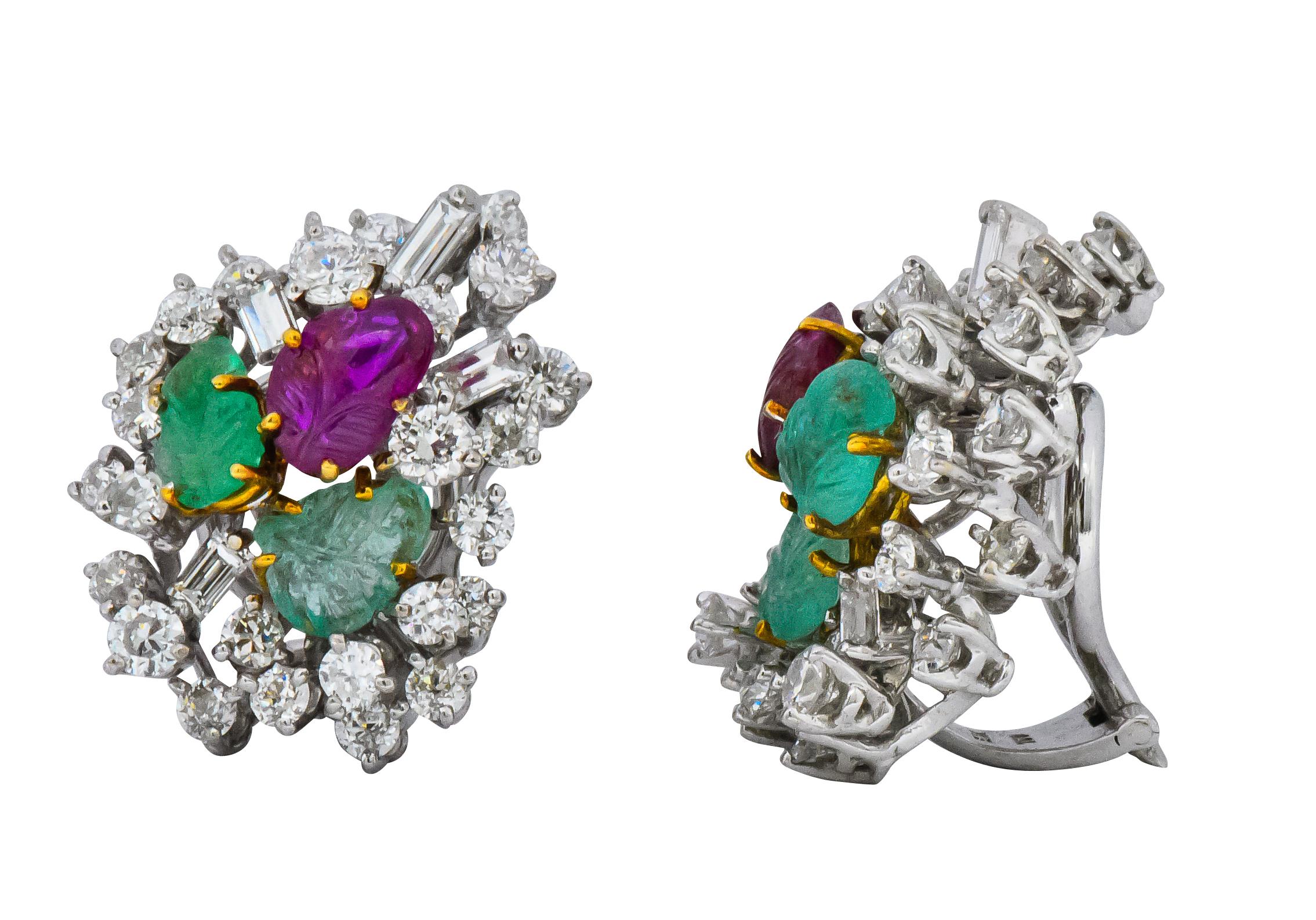Emil Meister Retro 11.90 Carat Diamond Ruby Emerald 18 Karat Brooch Earrings 1