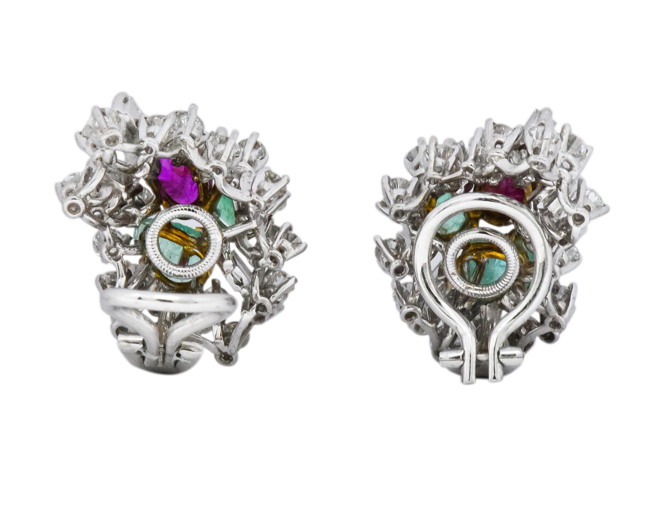 Emil Meister Retro 11.90 Carat Diamond Ruby Emerald 18 Karat Brooch Earrings 3