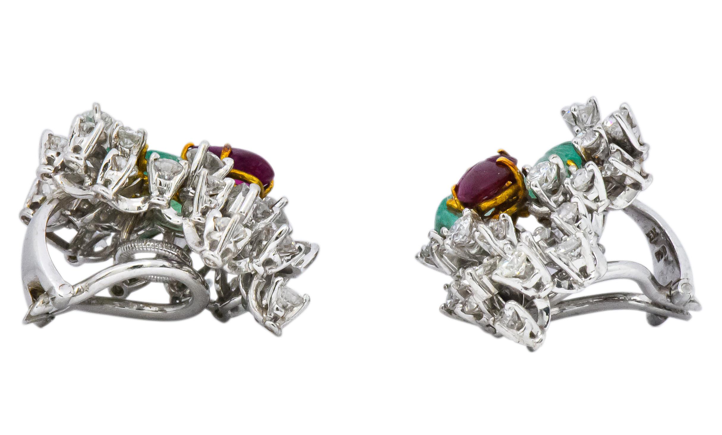 Emil Meister Retro 11.90 Carat Diamond Ruby Emerald 18 Karat Brooch Earrings 4