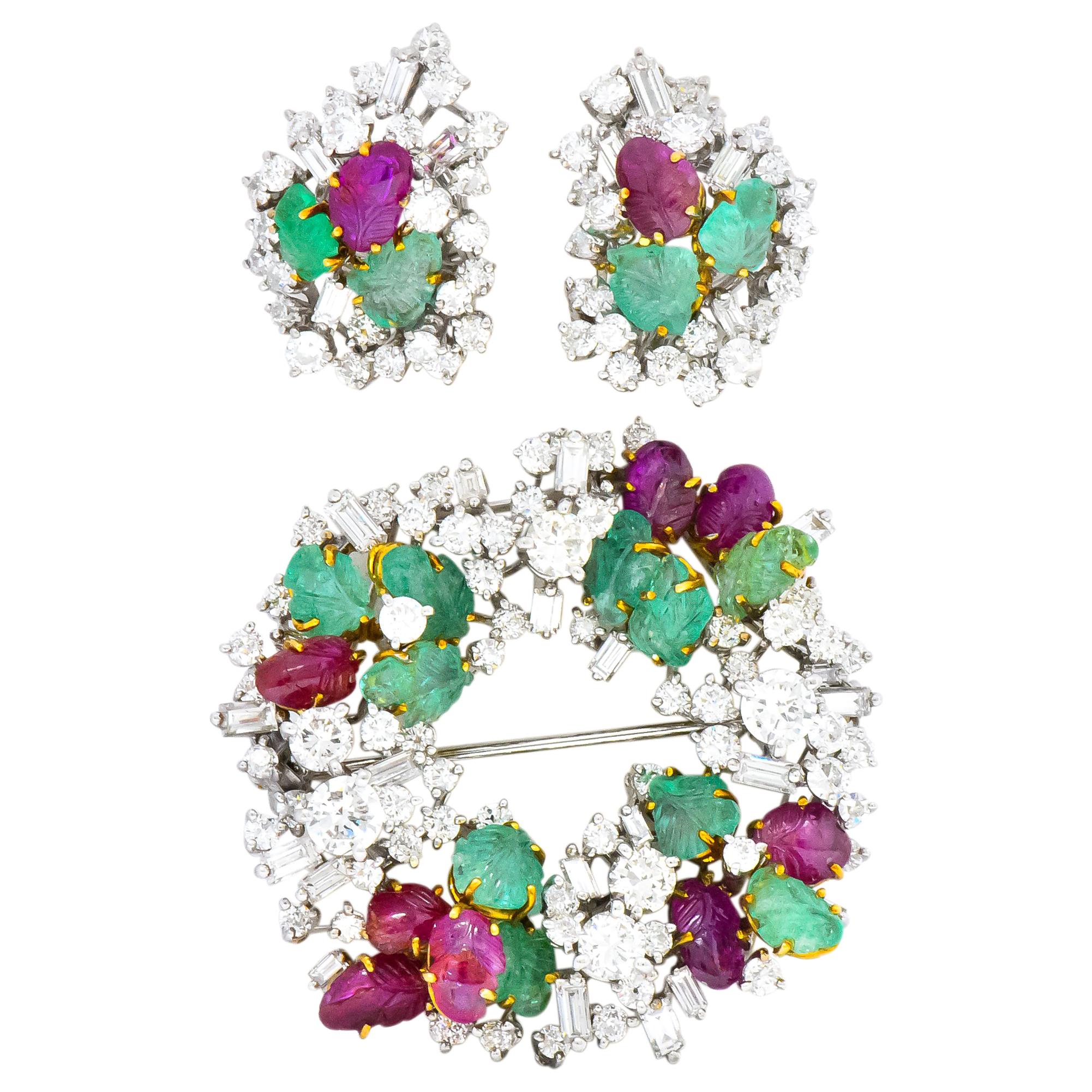 Emil Meister Retro 11.90 Carat Diamond Ruby Emerald 18 Karat Brooch Earrings