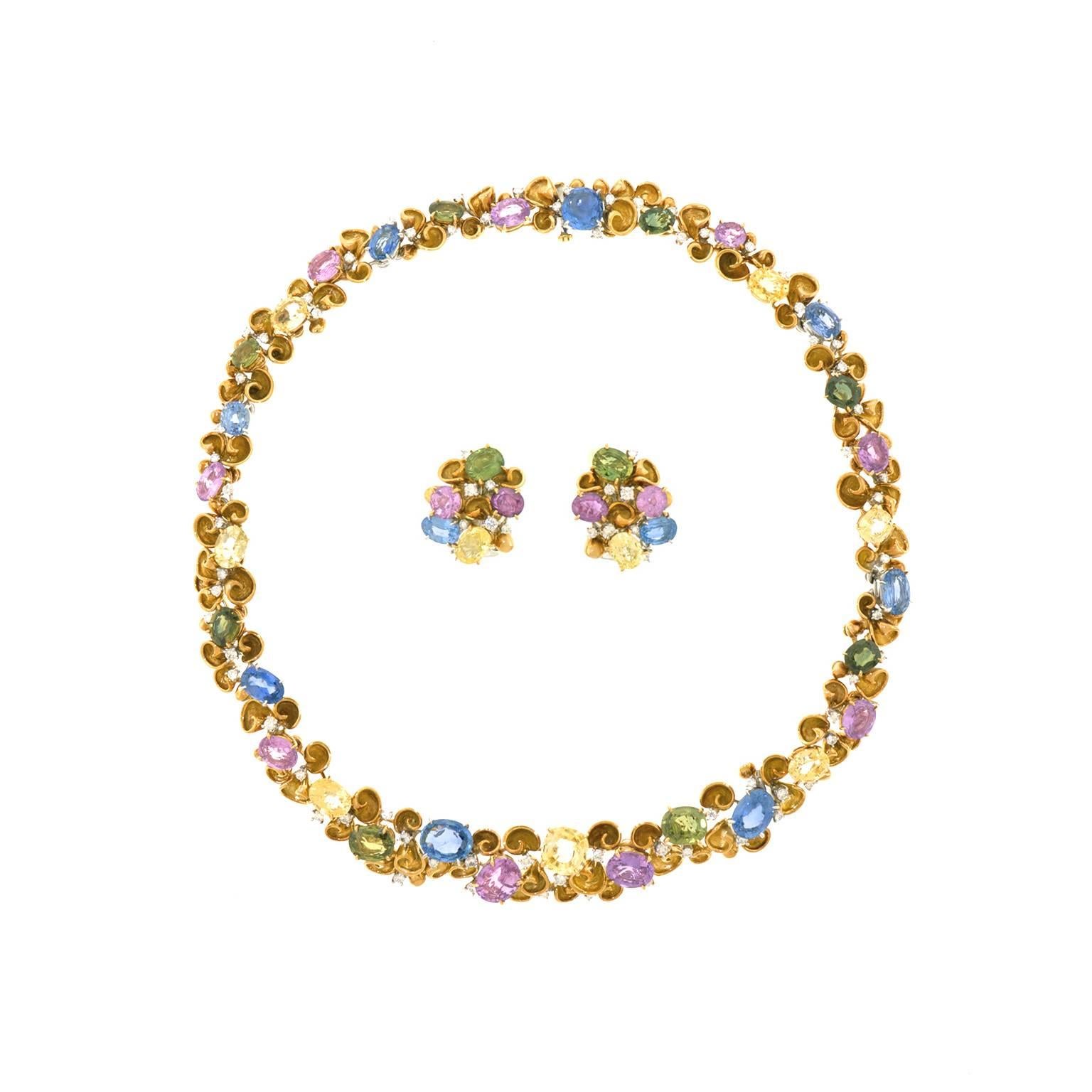 Emil Meister Sapphire and Diamond Set Gold Earrings In Excellent Condition In Litchfield, CT