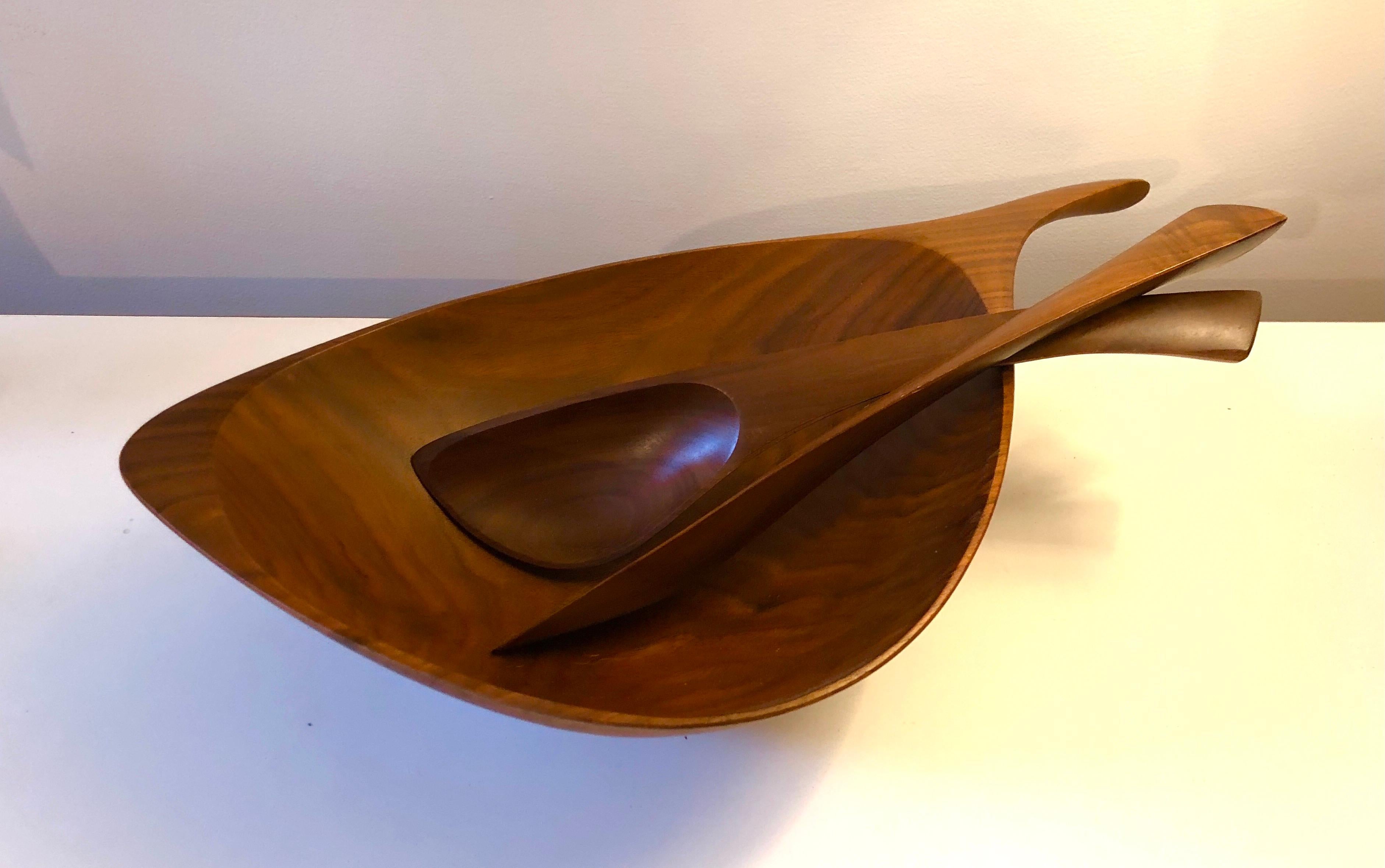 Mid-Century Modern Emil Milan Abstract Salad Bowl and Tongs For Sale