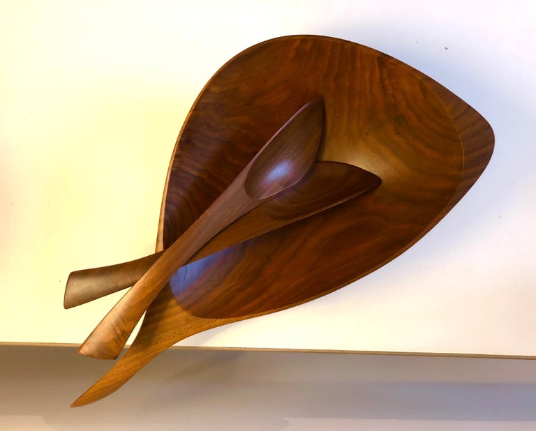Hand-Carved Emil Milan Abstract Salad Bowl and Tongs For Sale