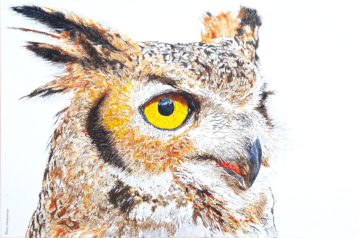 Emil Morhardt Animal Painting - A Watchful Great Horned Owl, Original Painting