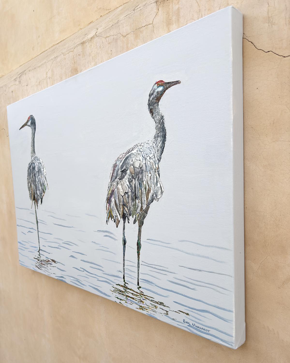 <p>Artist Comments<br>A pair of sandhill cranes stand on opposite sides, their intense eyes seemingly watching each other's backs. Their stoic stance accentuates as the pond they inhabit fades into the grayish rainy mist of California's Central