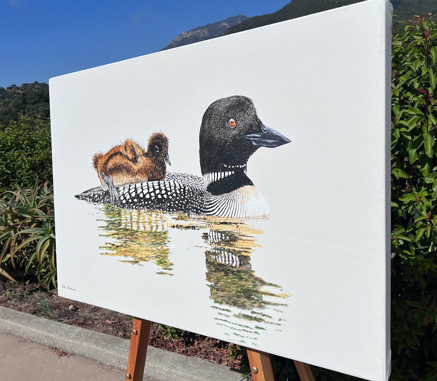 Loon with Chick, Original Painting - Gray Animal Painting by Emil Morhardt