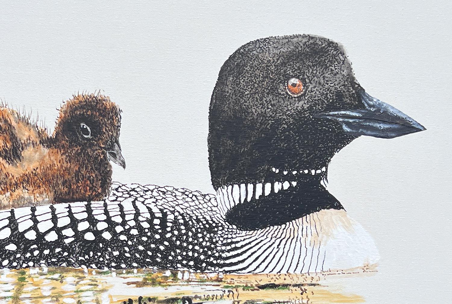Loon mit Chick, Originalgemälde (Grau), Animal Painting, von Emil Morhardt