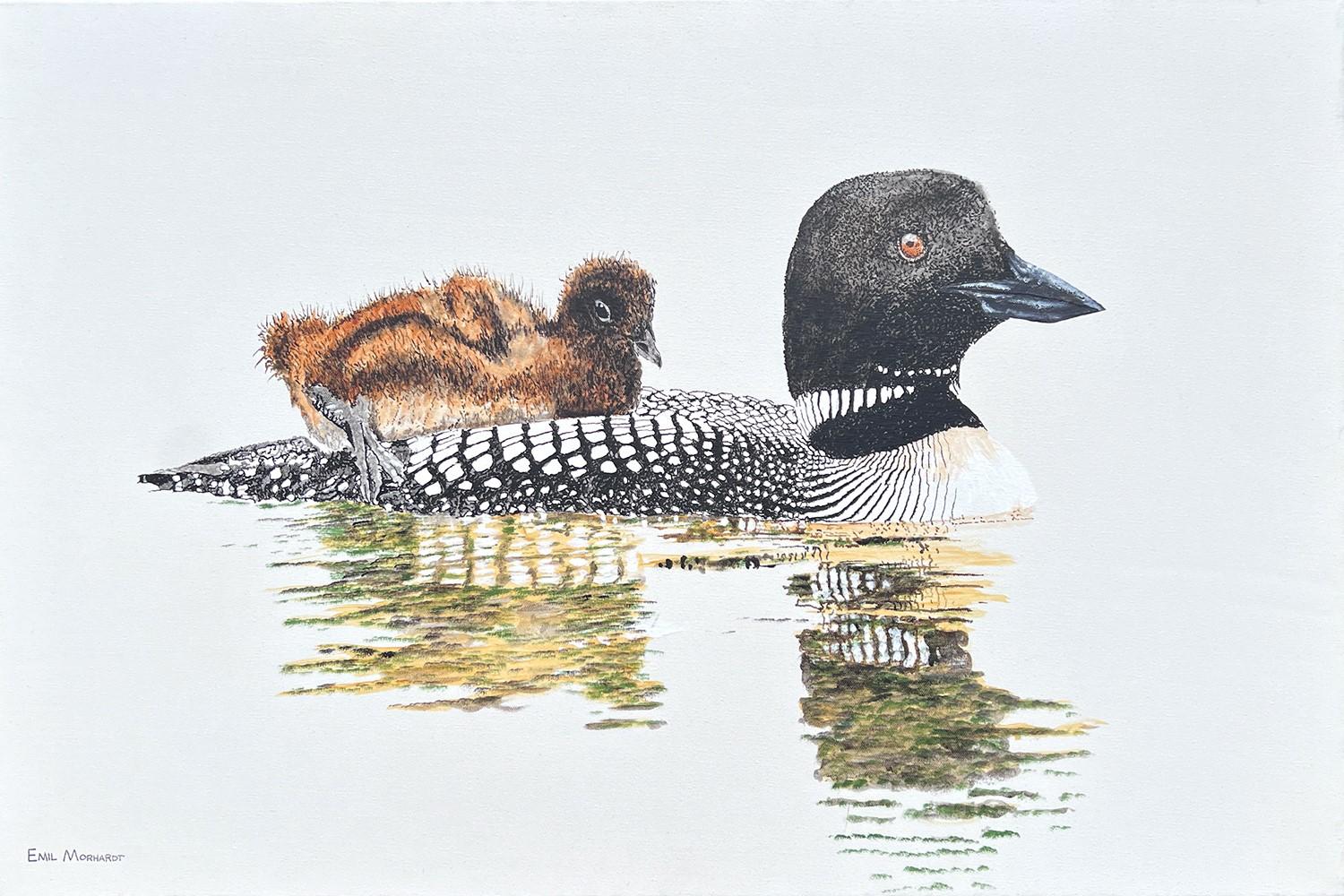 Emil Morhardt Animal Painting – Loon mit Chick, Originalgemälde