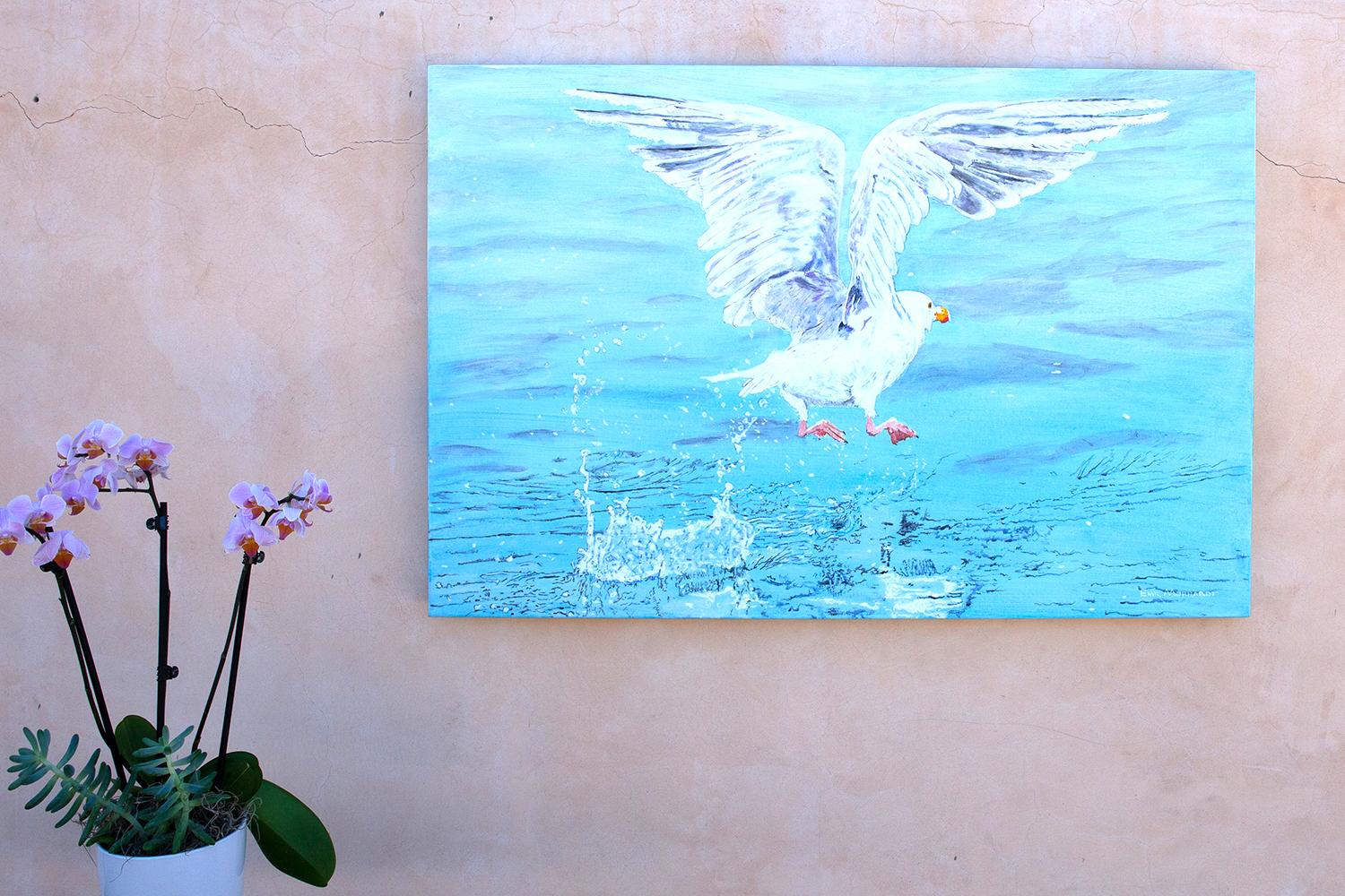 <p>Artist Comments<br>Artist Emil Morhardt paints a glaucous-winged gull lifting off Glacier Bay National Park, Alaska. He paints the bird splashing the crystalline water in detailed realism. 