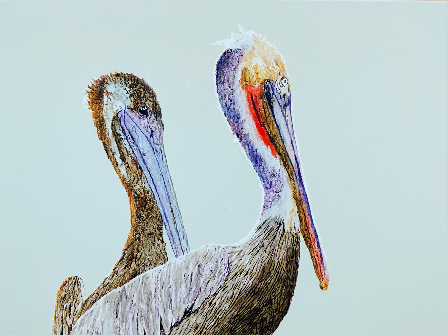 <p>Artist Comments<br>Artist Emil Morhardt displays an impressionist portrait of three brown pelicans. The birds sun themselves in the Sea of Cortez against a subtle greenish-blue late afternoon sky. 