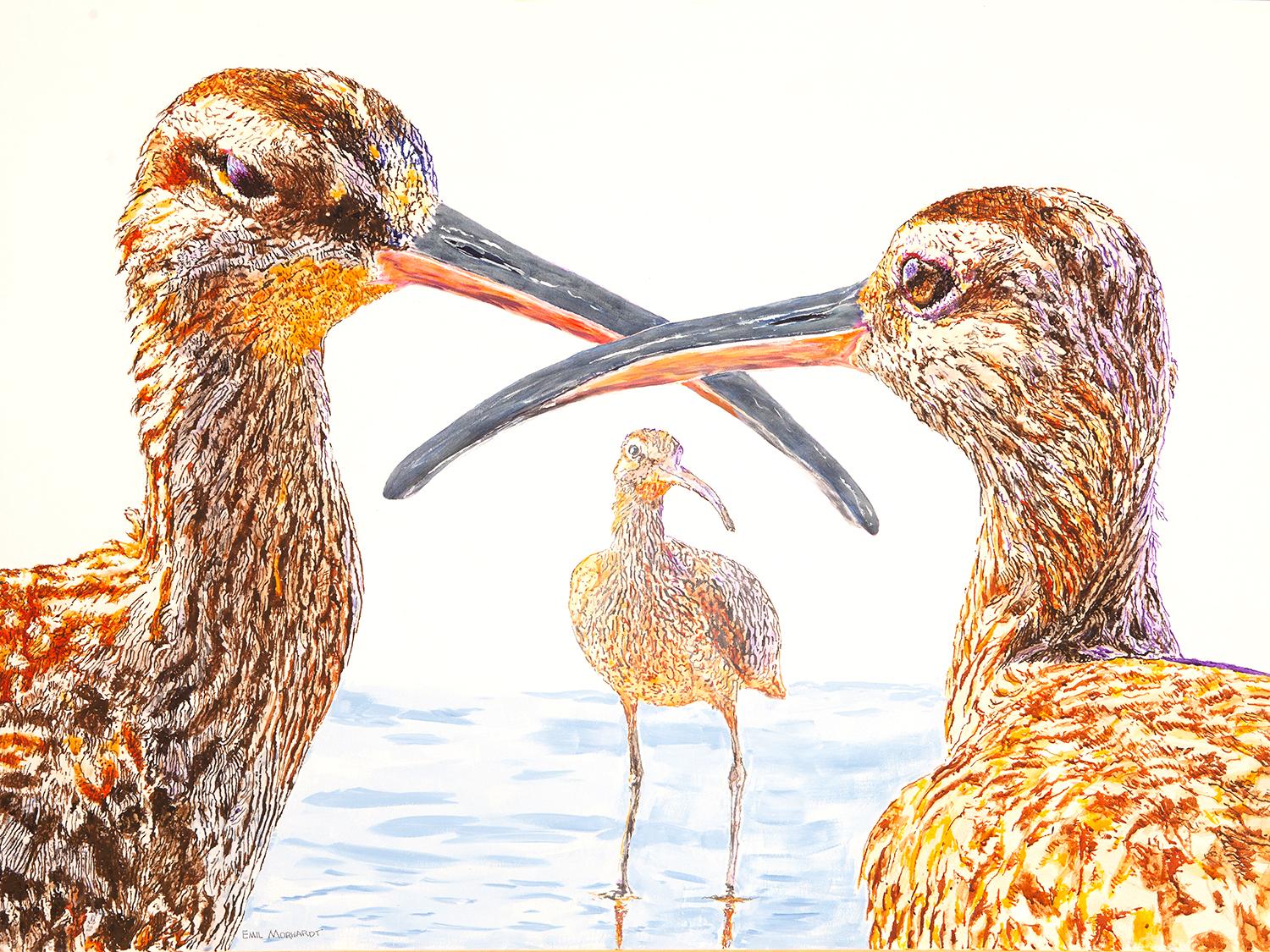 Three Whimbrels in Conversation, Original Painting - Art by Emil Morhardt