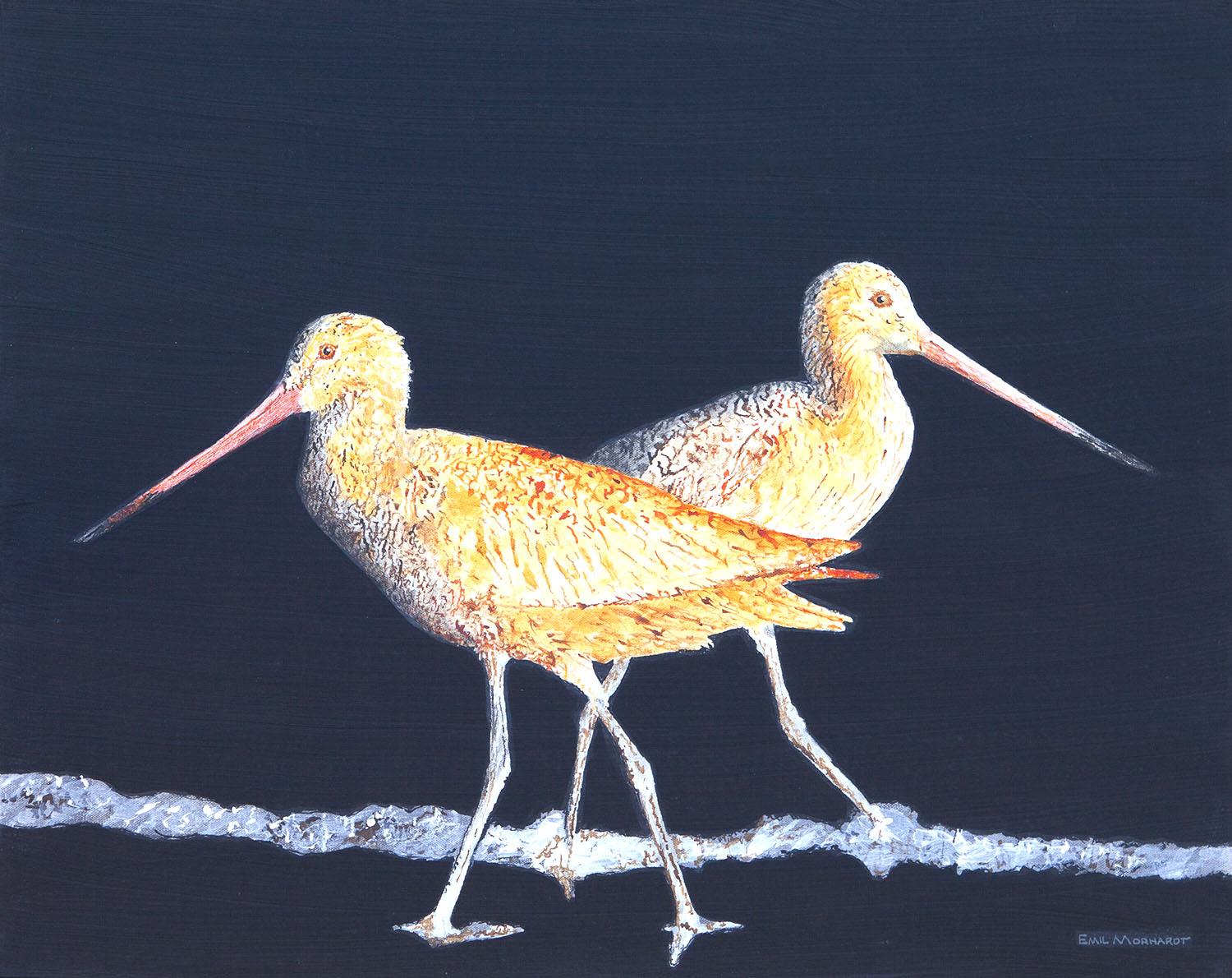Emil Morhardt Animal Painting - Two Godwits at Night, Original Painting