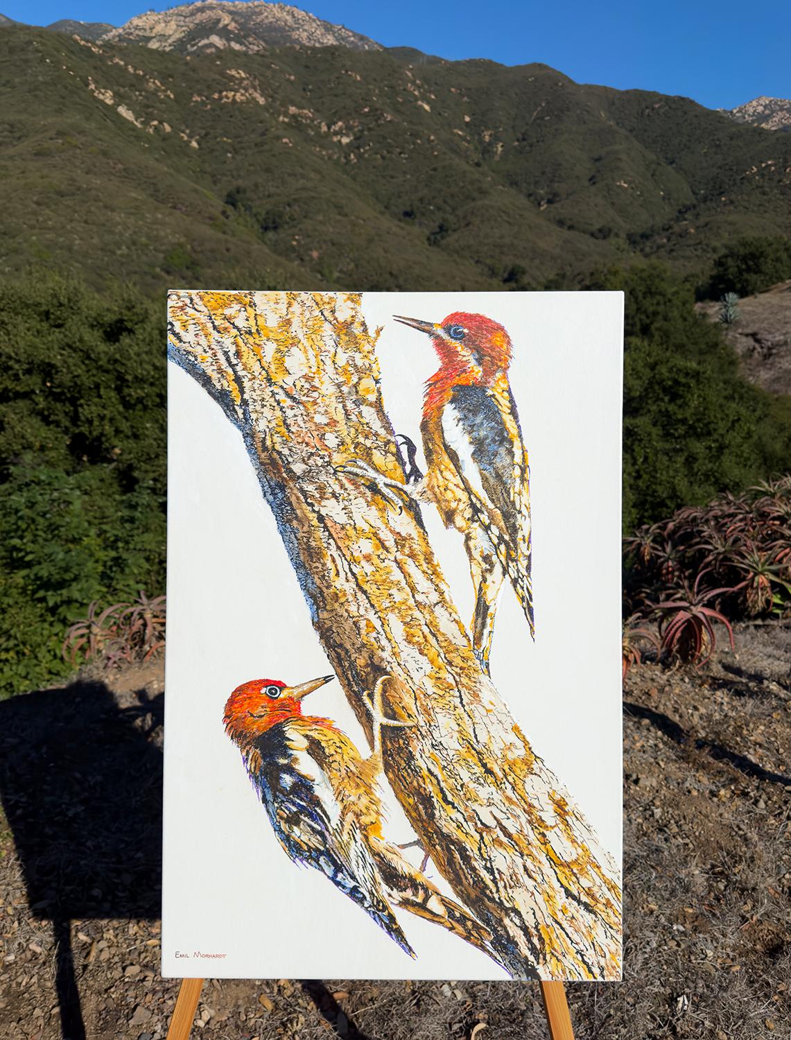 Woodpeckers on Tree, Original Painting - Realist Art by Emil Morhardt