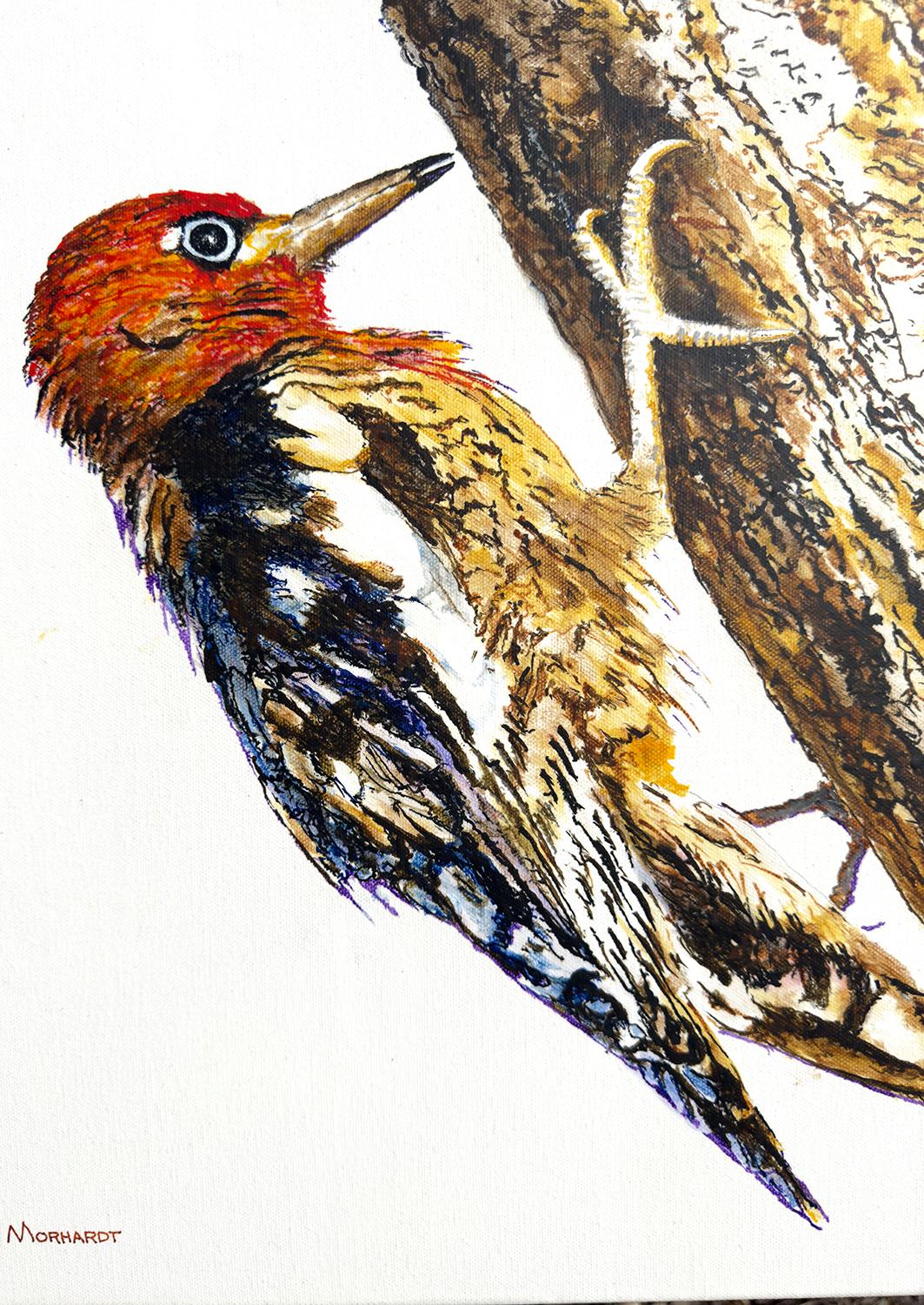 <p>Artist Comments<br>A pair of little woodpeckers perch on opposite sides of a branch, busy probing the small holes they've made for fresh tree sap. The intricate features of their plumage and the textured bark create a striking contrast against
