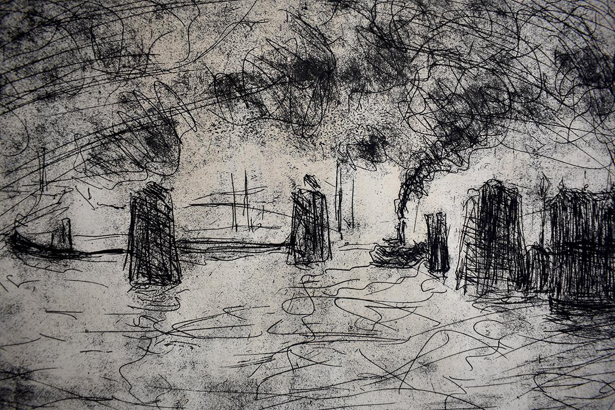 Hamburgo, Ambiente Suave - Expresionismo Alemán Escena Marítima del Puerto de Hamburgo - Landscape Print Gris de Emil Nolde