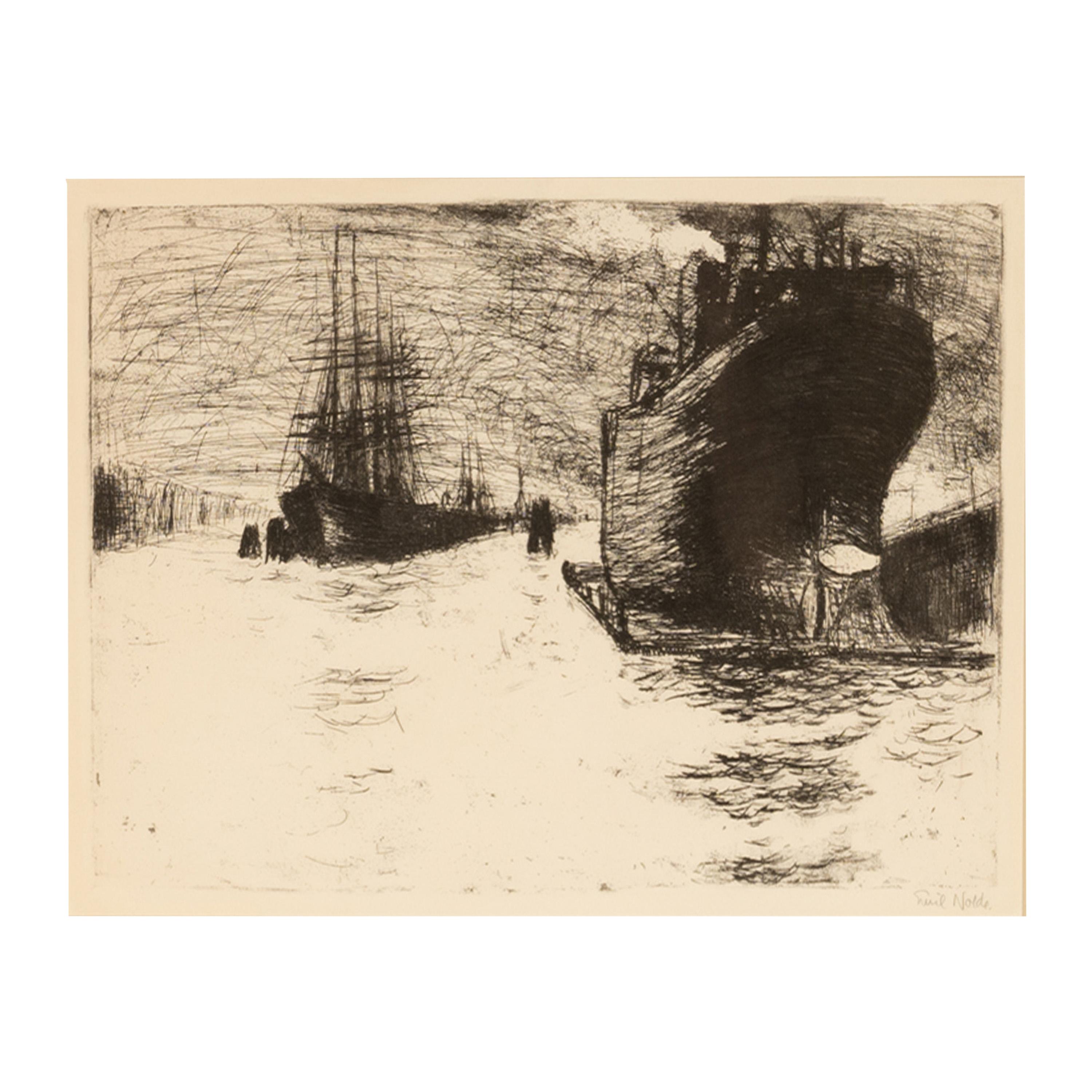 Importante aguafuerte expresionista alemán Hamburgo, Reiherstiegdock 1910 Emil Nolde en venta 1