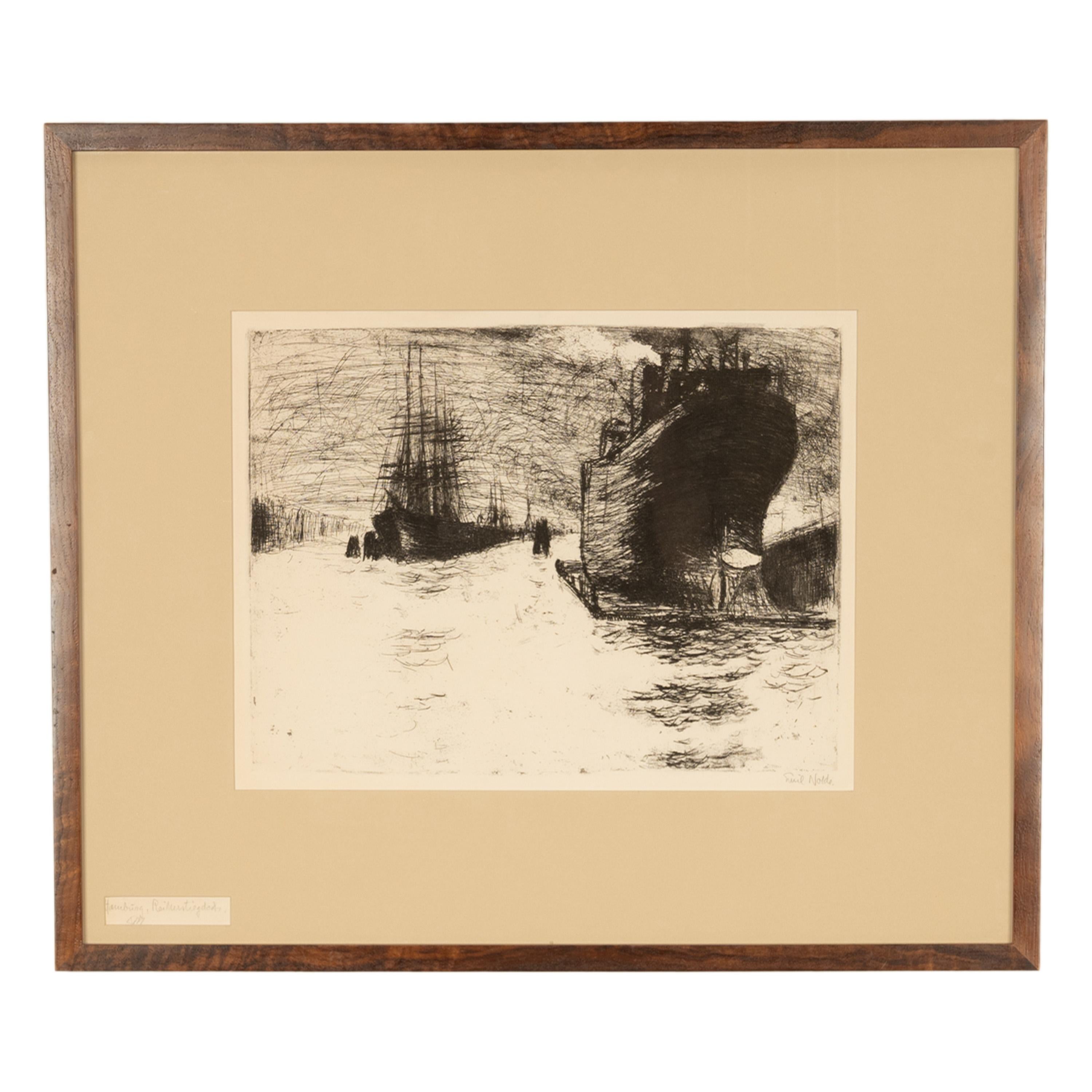 Importante aguafuerte expresionista alemán Hamburgo, Reiherstiegdock 1910 Emil Nolde