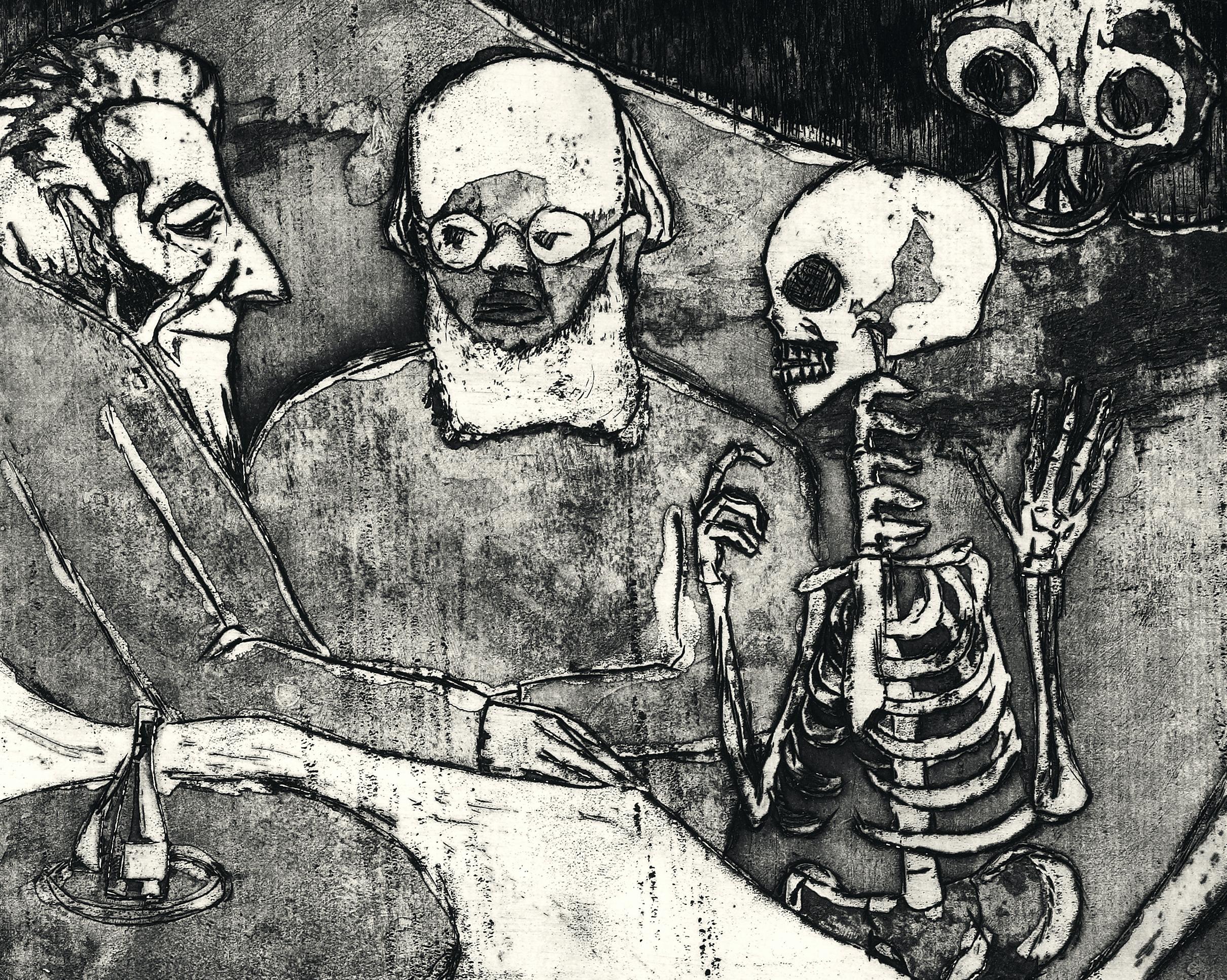 Patient, Doctor, Death and Devil – Radierung und Aquatinta von E. Nolde, 1911 (Grau), Figurative Print, von Emil Nolde