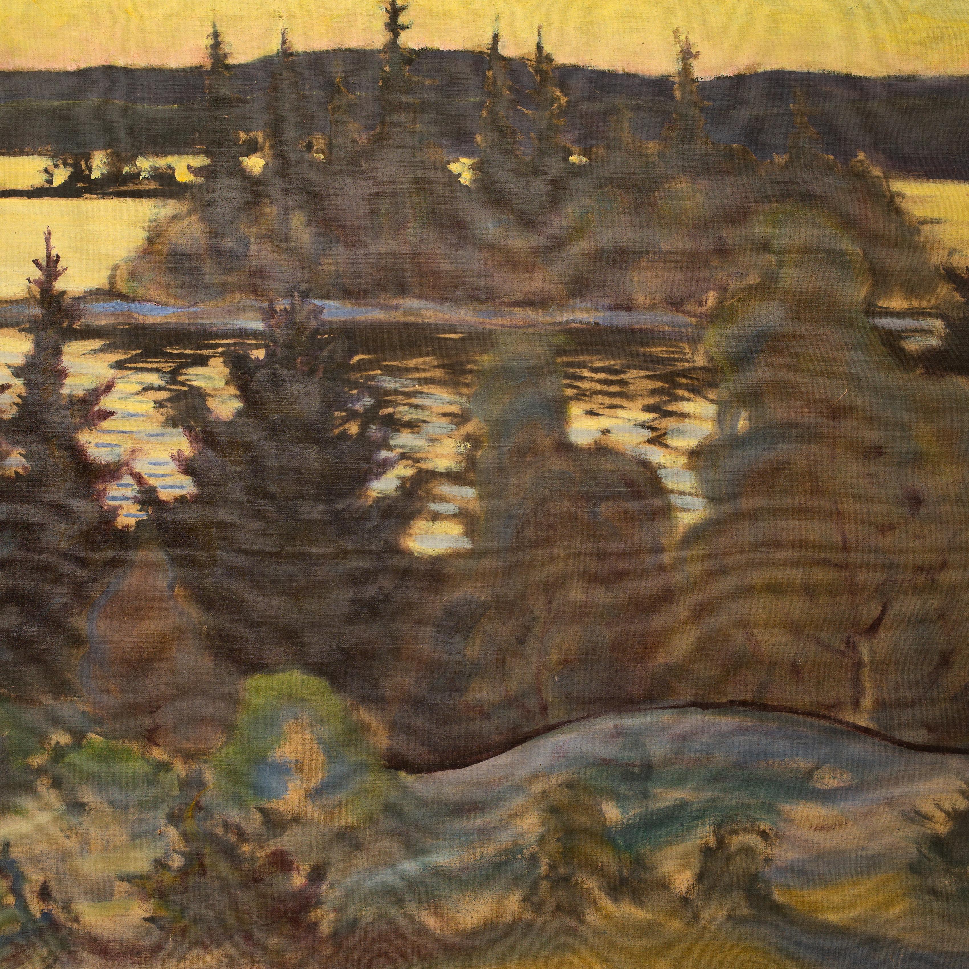 Large Scale Original Oil Painting Depicting A Lake View in the Evening Light - Brown Landscape Painting by Emil Nordberger
