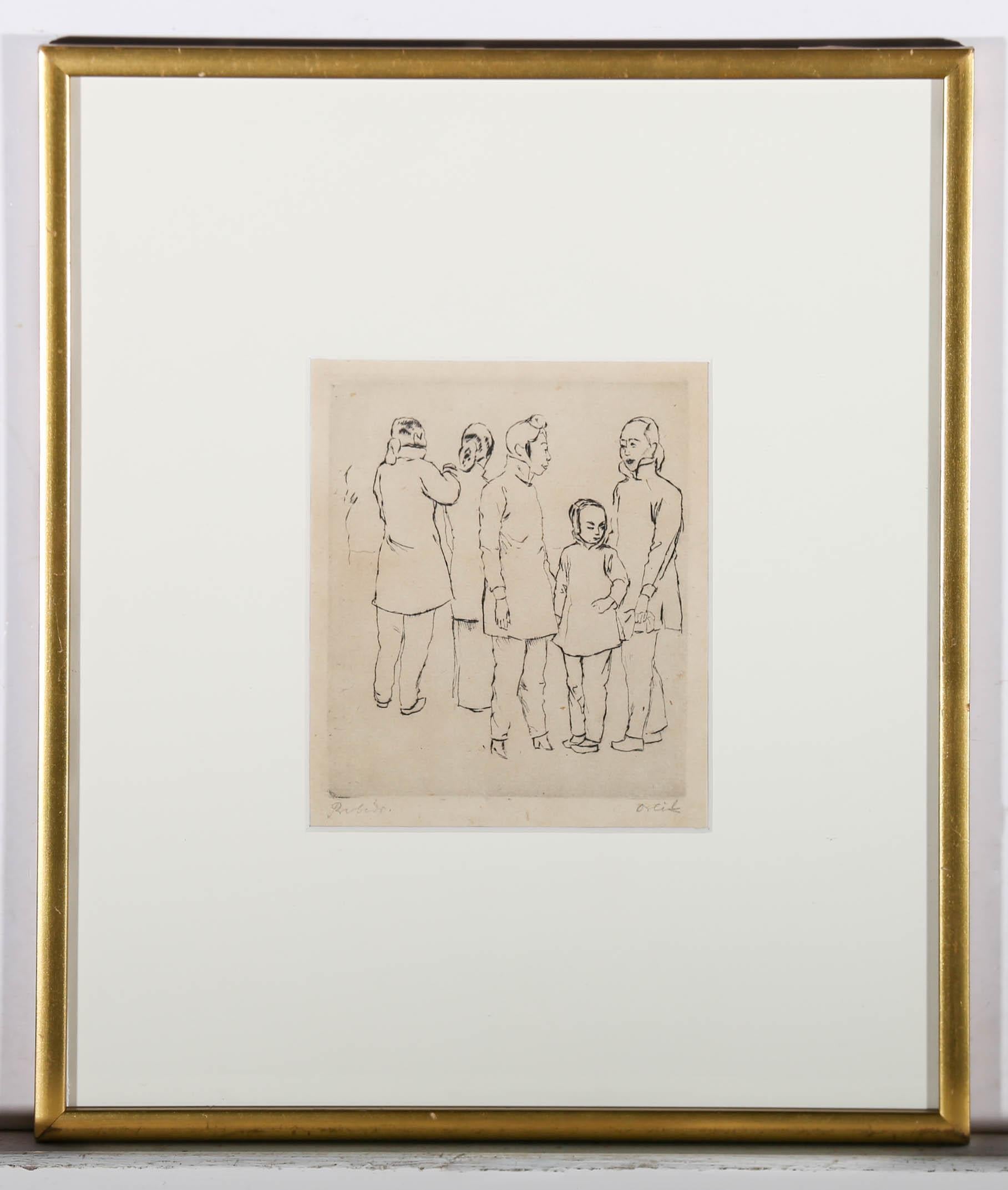A charming etching by 19th century artist Emil Orlik. Etched in Orlik's signature minimalist style, the group of figures appear to be in conversation. Signed in graphite below the plate lines. Well presented in a gilt frame and white card mount. On