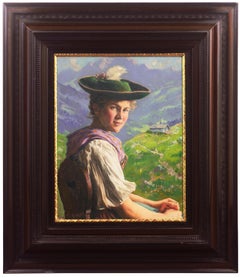 'Portrait of a Young Bavarian Woman' Alpine Figural Landscape oil, Munich School