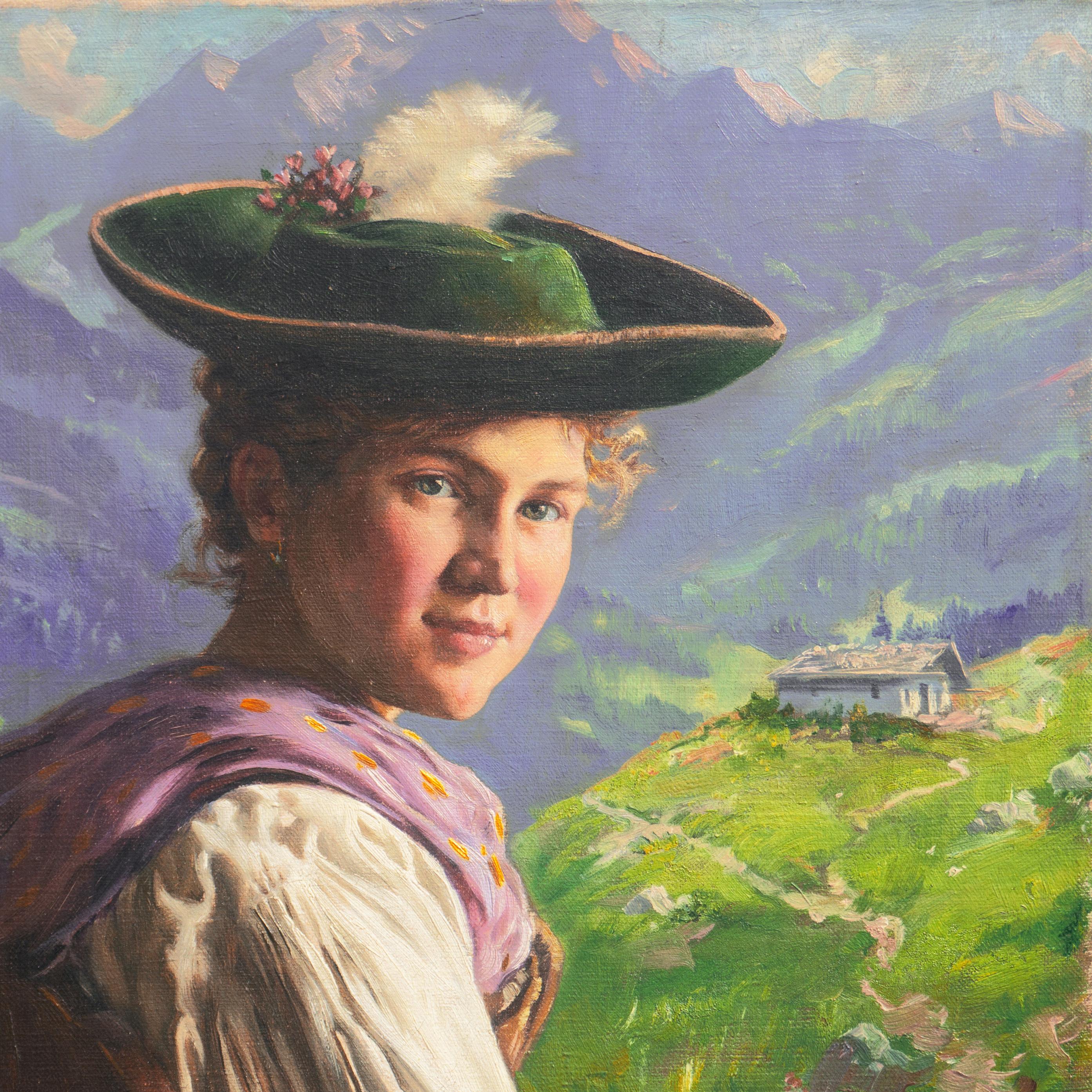 'Portrait of a Young Bavarian Woman' Alpine Figural Landscape oil, Munich School - Academic Painting by Emil Rau