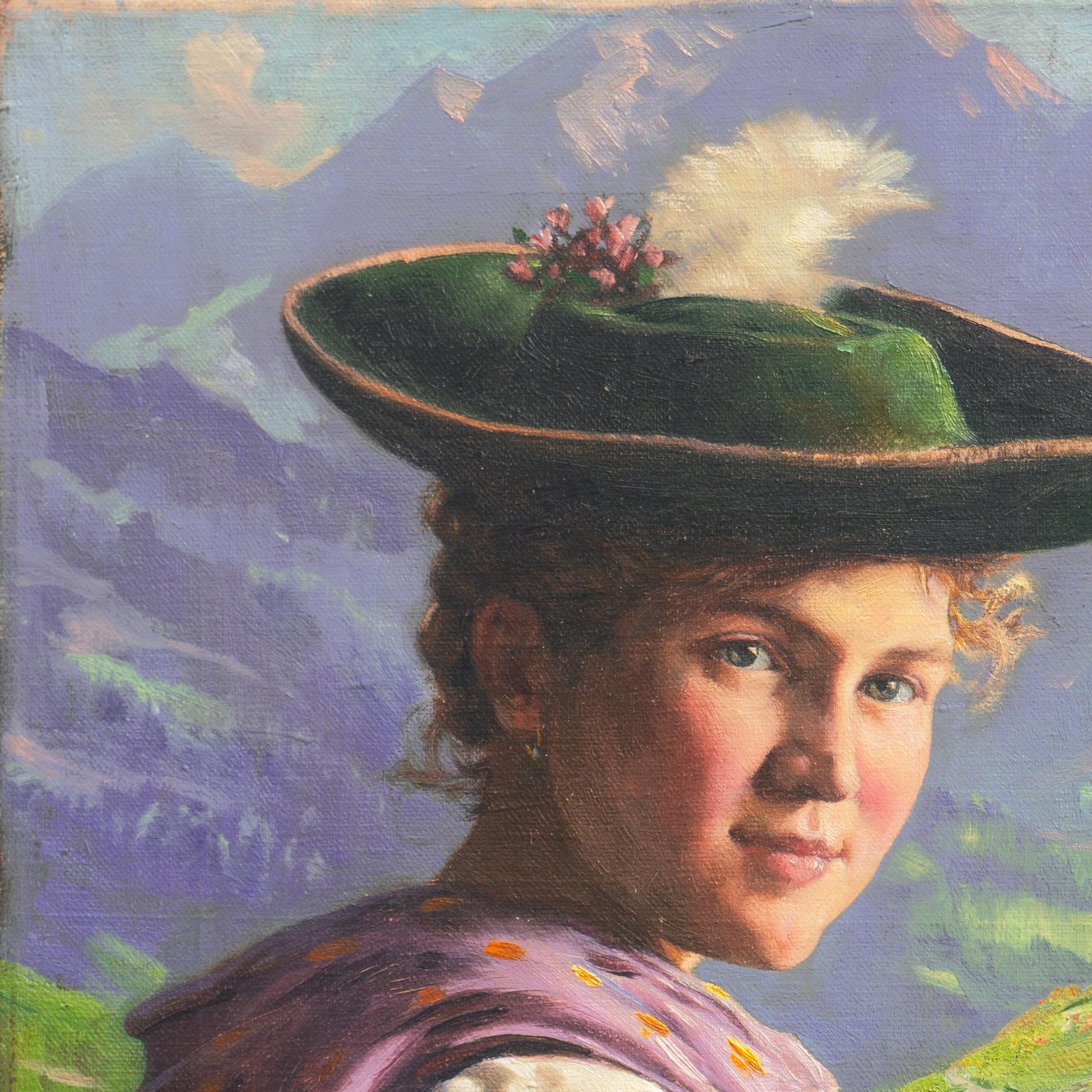 Signed lower left 'E. Rau' for Emil Rau (German, 1858-1937) and painted circa 1915.

An exquisite, jewel-like study of a young Bavarian girl, wearing an embroidered blouse, lilac sash and green felt hat with feather, and shown seated on a carved