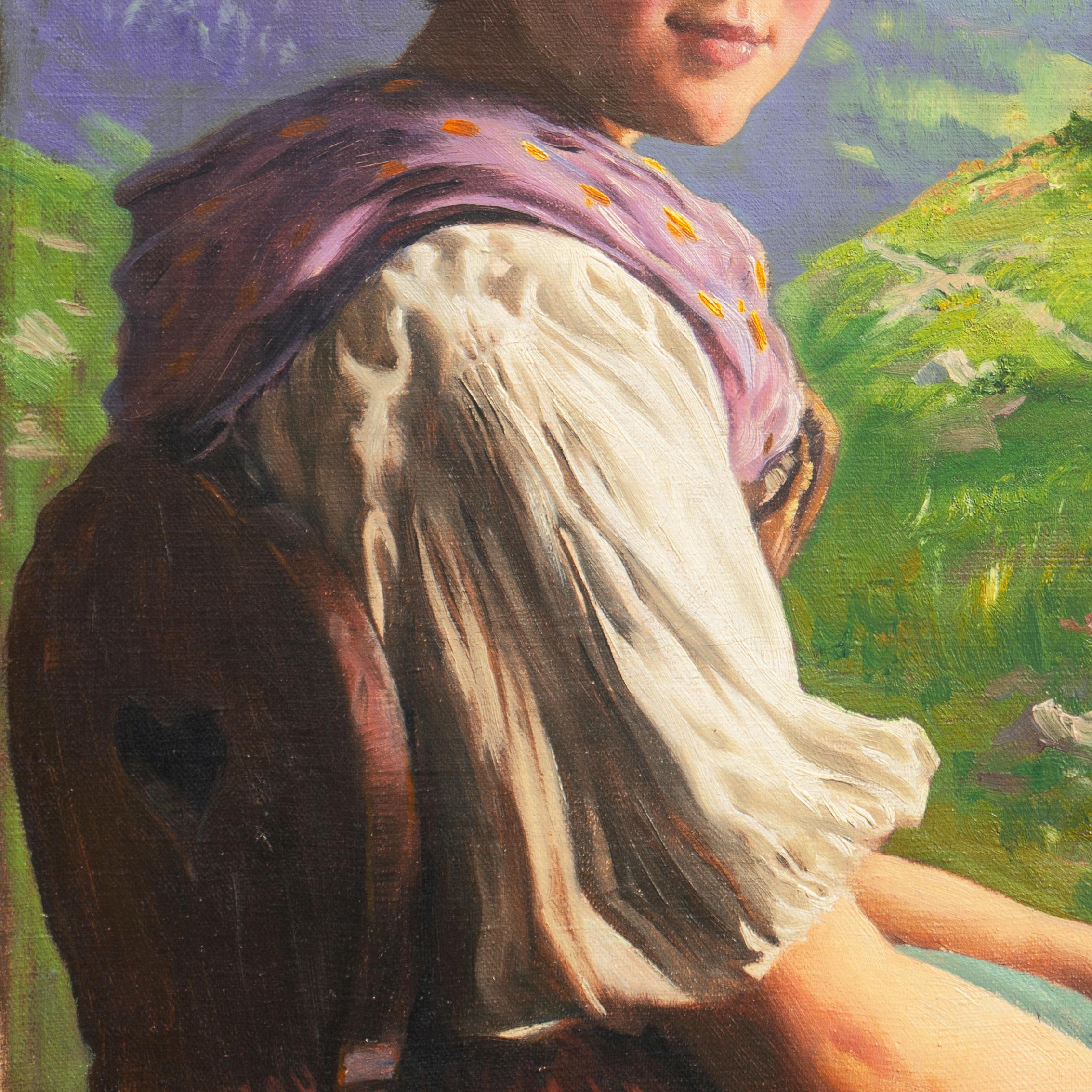 'Portrait of a Young Bavarian Woman' Alpine Figural Landscape oil, Munich School 1