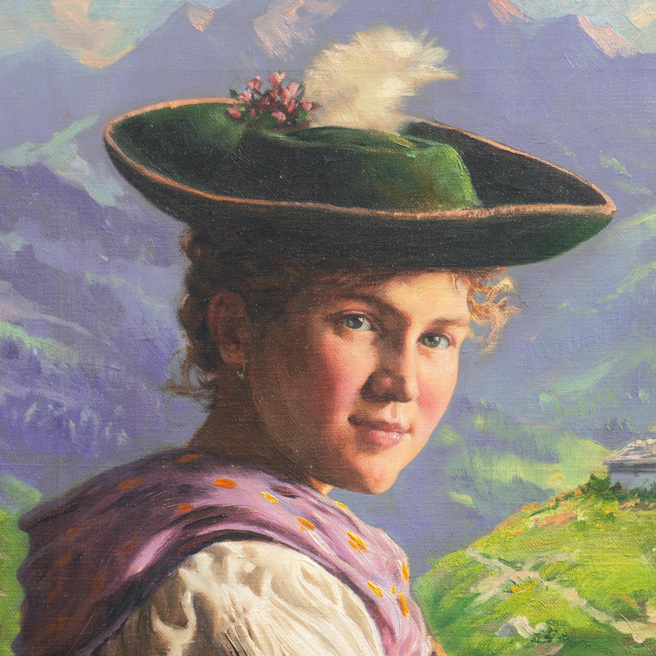 'Portrait of a Young Bavarian Woman' Alpine Figural Landscape oil, Munich School 3