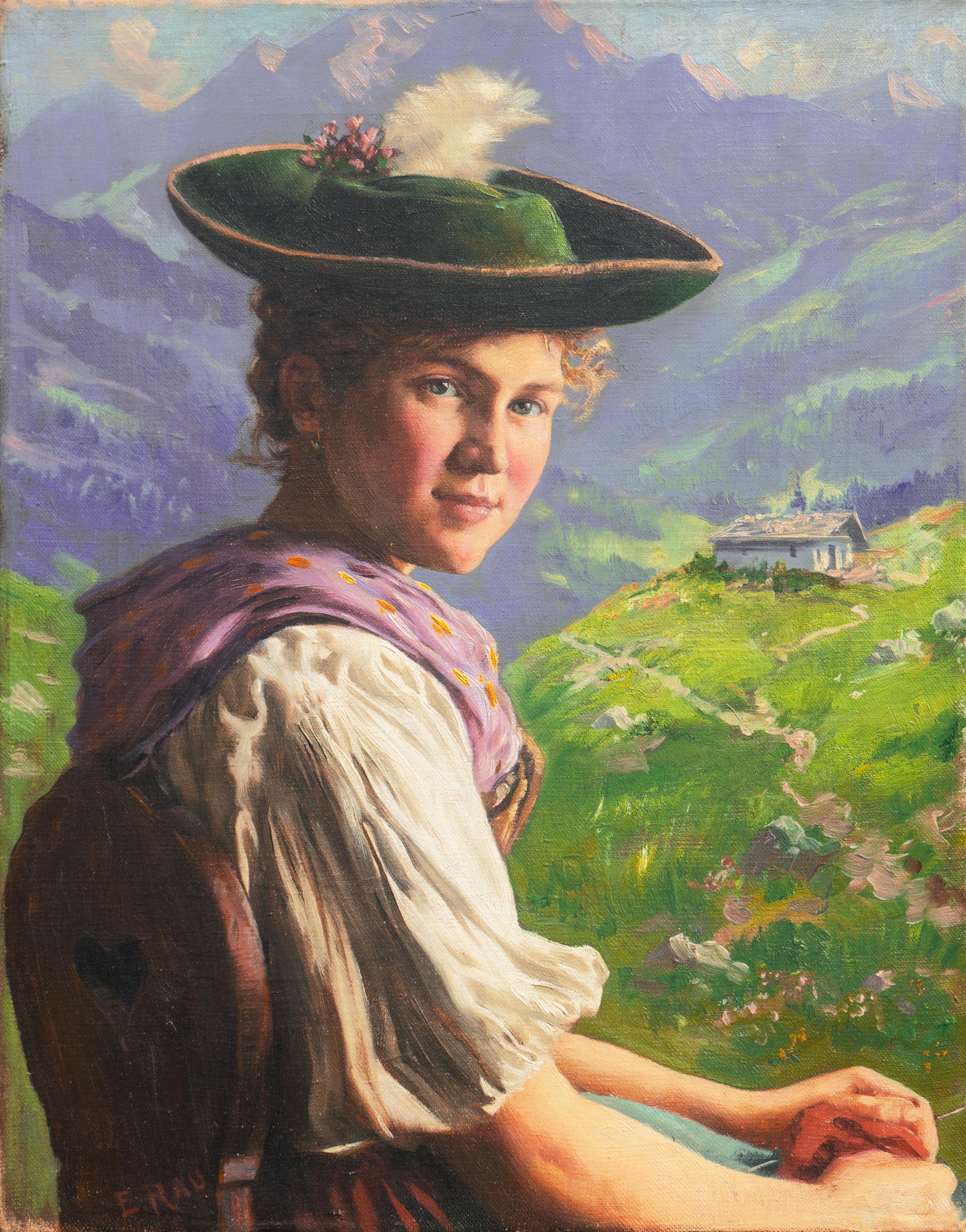'Portrait of a Young Bavarian Woman' Alpine Figural Landscape oil, Munich School - Painting by Emil Rau