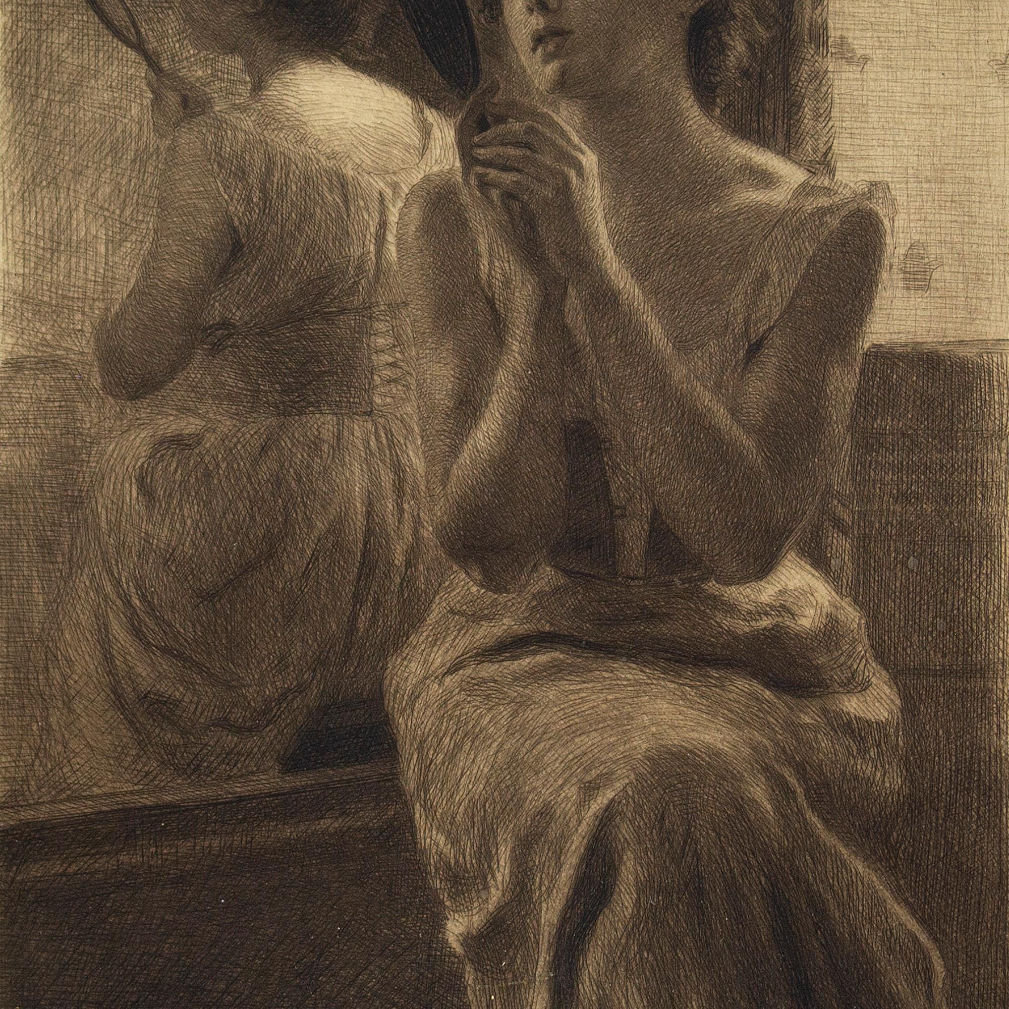 This sensuous early 20th-century etching by Danish artist Emil Rosenstand (1859–1932) depicts a young lady in her boudoir gazing into a hand mirror. With smoky eyes and a sultry expression, she’s lost in her reflection. Is this an allegory of beauty