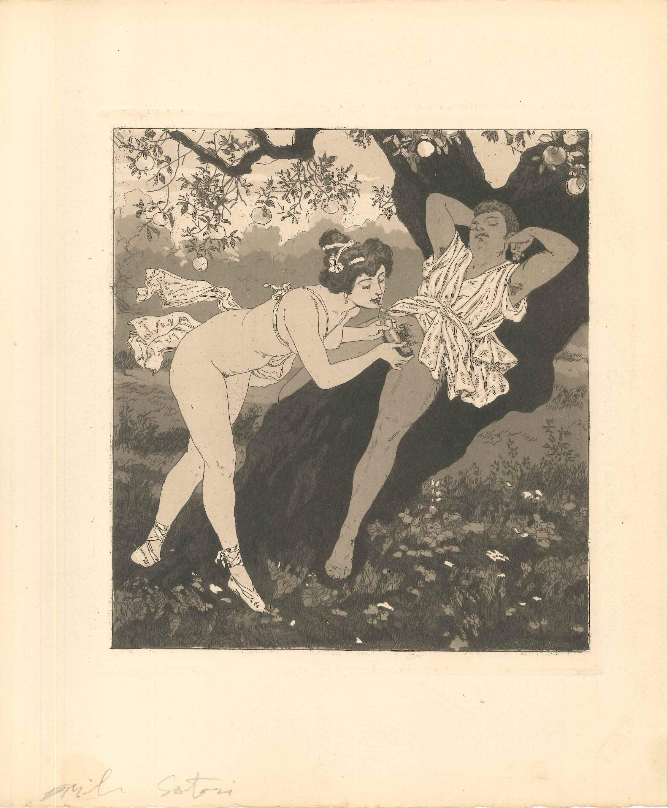 Emil Sartori Figurative Print - Erotic Scene II - Illustration
