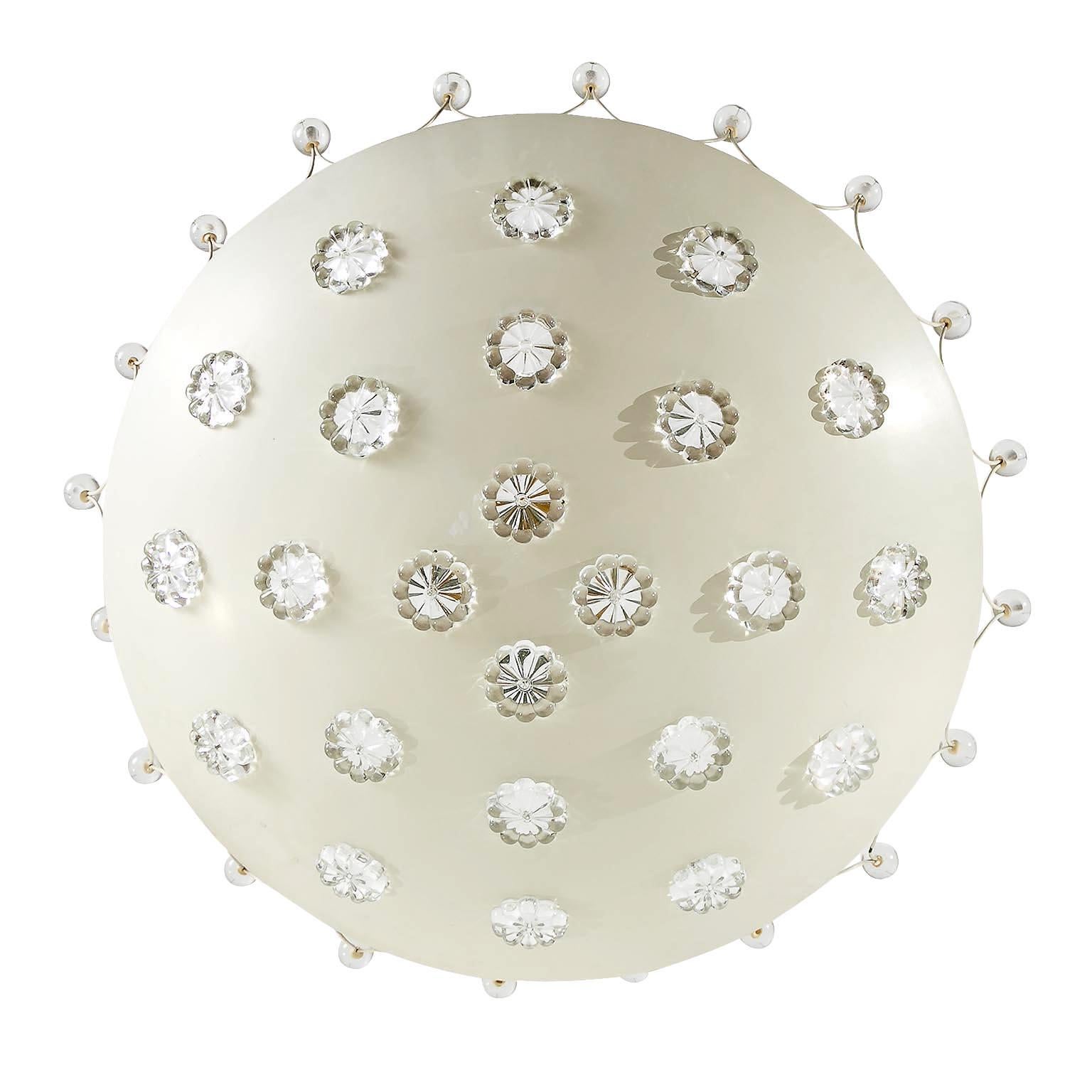 A beautiful uplight ceiling chandelier by Rupert Nikoll, Austria, Vienna, manutactured in Mid-Century, circa 1960 (late 1950s or early 1960s).
It is made of a white enameled dome-shaped metal base with glass blossoms and glass beads.
The fixture
