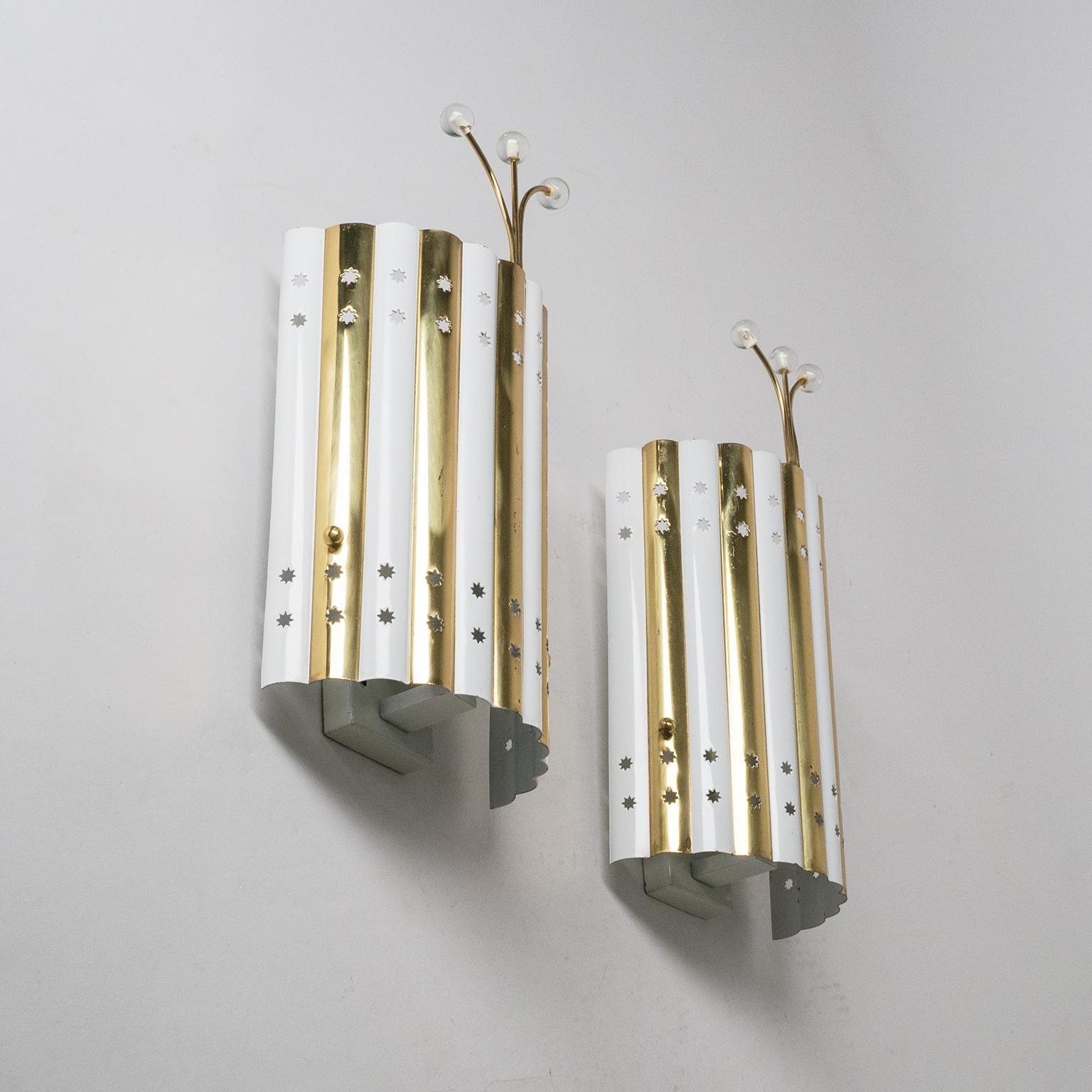 Lacquered Rare Brass and Glass Sconces, 1950s For Sale