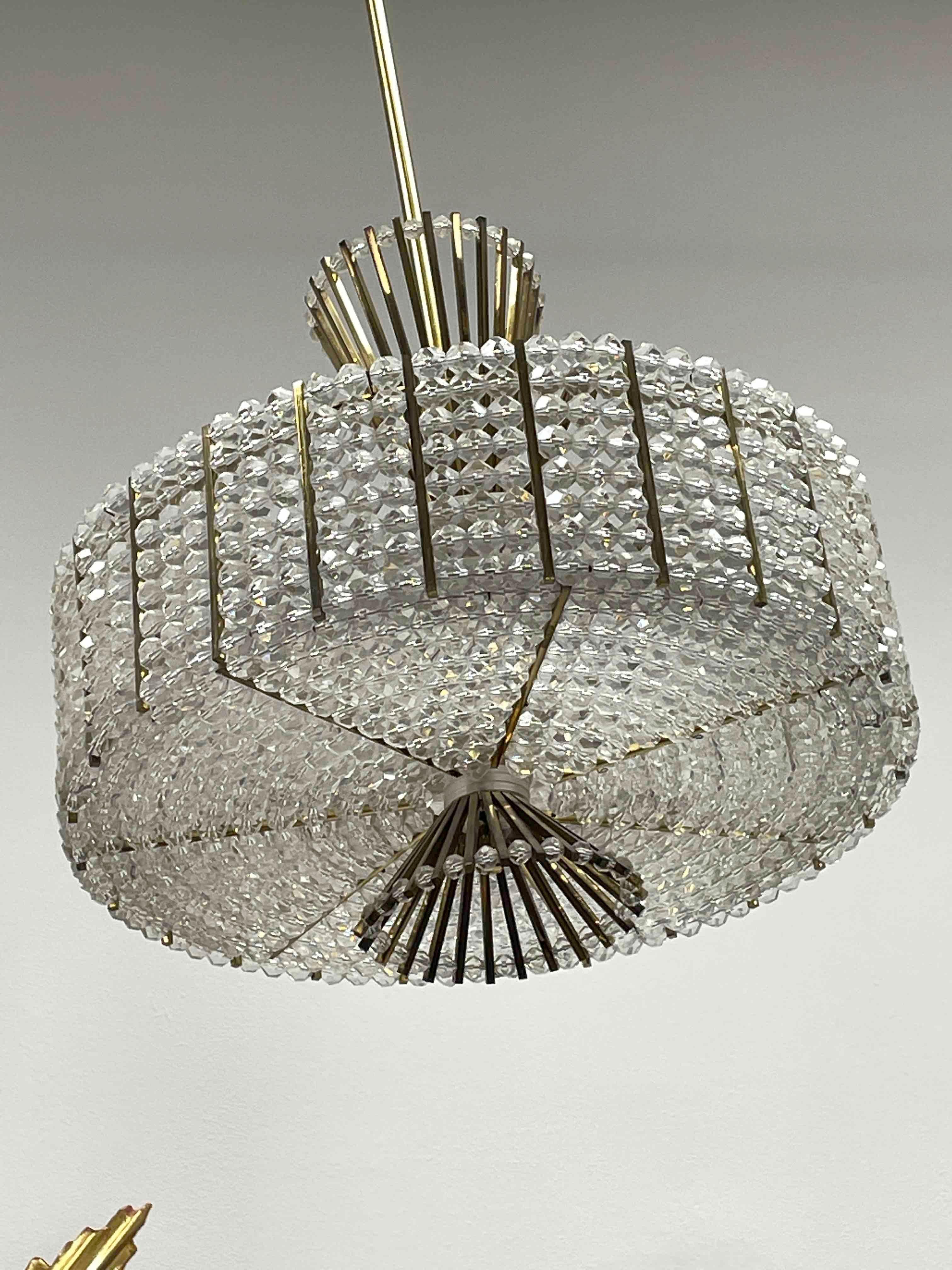 Austrian Emil Stejnar Chandelier Rupert Nikoll, Brass Crystal Glass, Lucite Vienna, 1950s For Sale