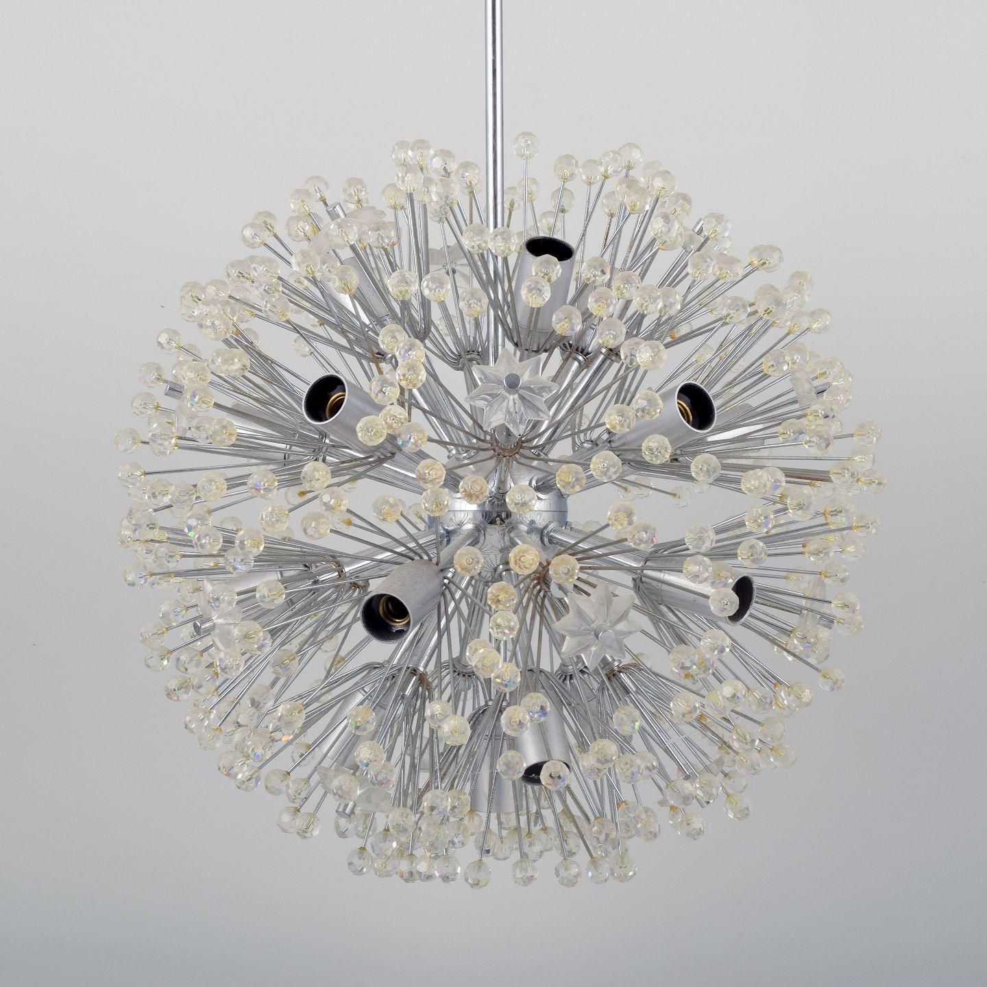 PRE-OWNED GOODS ARE EXEMPT FROM IMPORT TARIFFS FOR U.S., UK, AUSTRALIAN & CANADIAN CUSTOMERS.   
THEREFORE, NO IMPORT TARIFFS WILL BE APPLICABLE TO YOUR PURCHASE. 

Dandelion Sputnik chandelier designed by Emil Stejnar.
Produced by Rupert Nikoll,