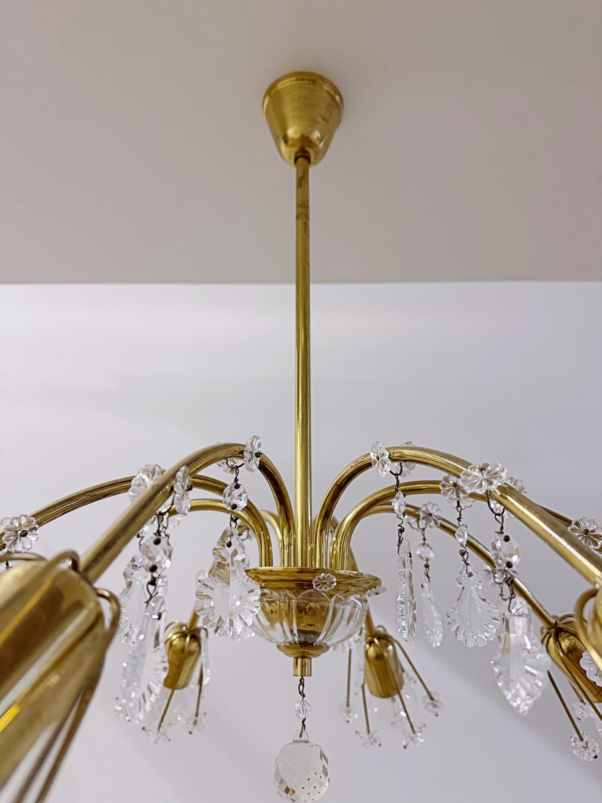 20th Century Emil Stejnar for Rupert Nikoll Brass & Crystal Chandelier, Light, 1960s, Austria For Sale