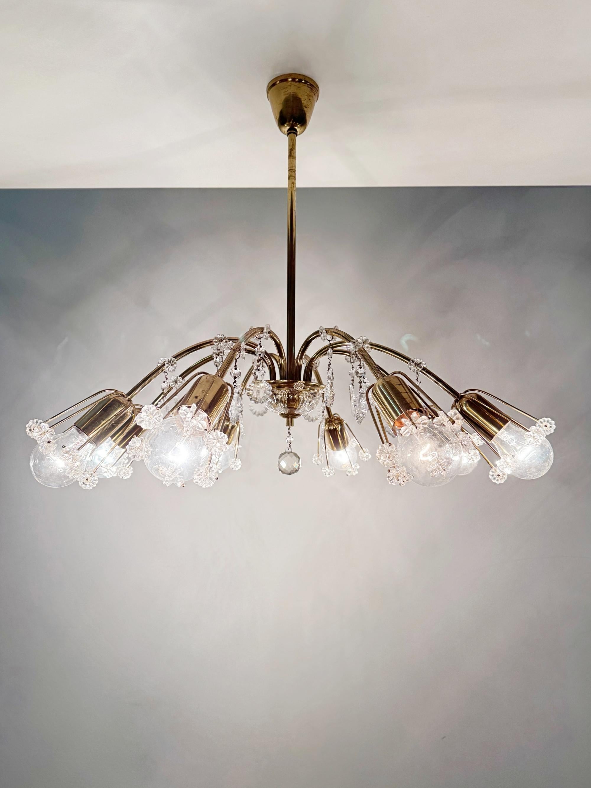 Emil Stejnar for Rupert Nikoll Brass & Crystal Chandelier, Light, 1960s, Austria For Sale 1