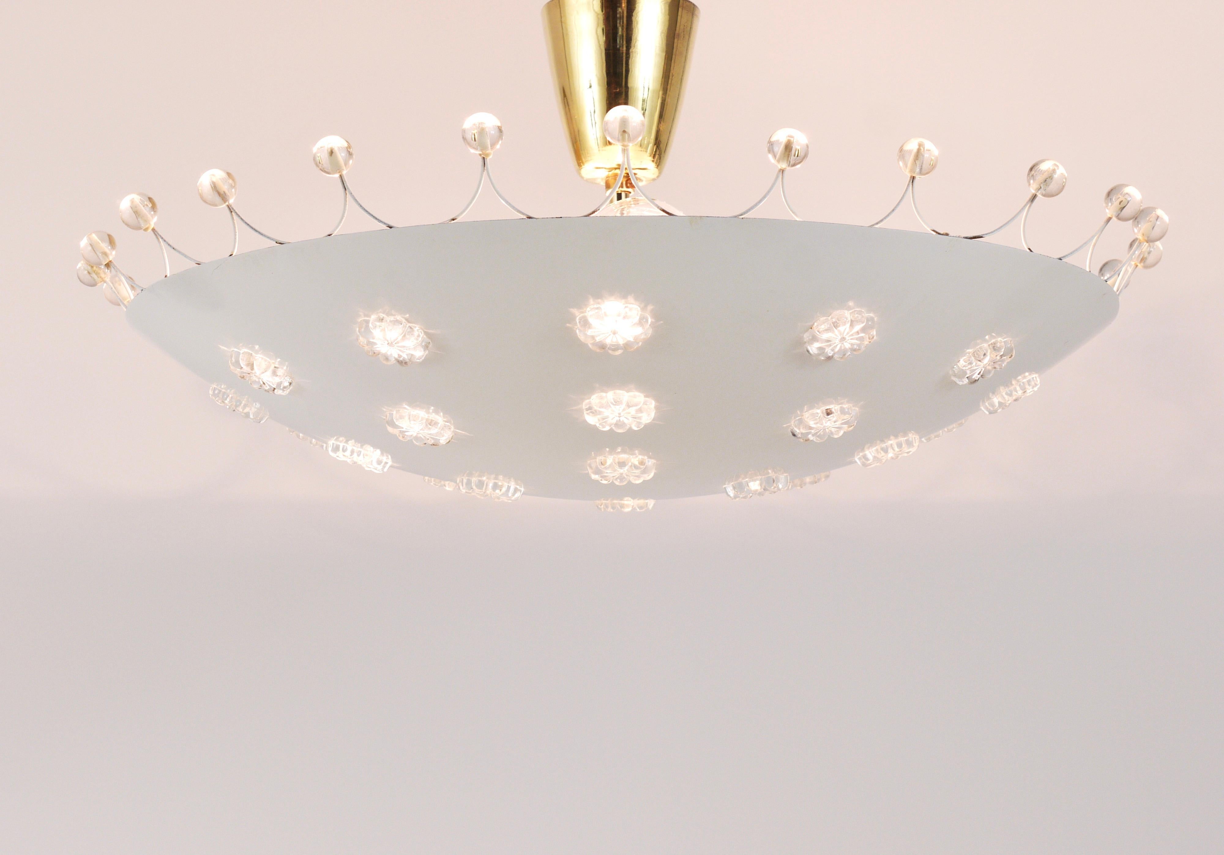 A charming and elegant white brass bowl ceiling lamp / uplight / plafoniere from the 1950s, designed by Emil Stejnar, executed by Rupert Nikoll, Vienna / Austria. This is the large model with a diameter of 19 in. Consists of a dome-shaped white bowl