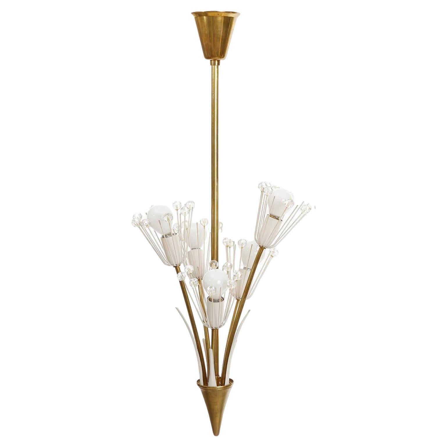 Mid-Century Modern Emil Stejnar Pendant Light Chandelier, Brass Glass White Metal, Vienna, 1950s For Sale