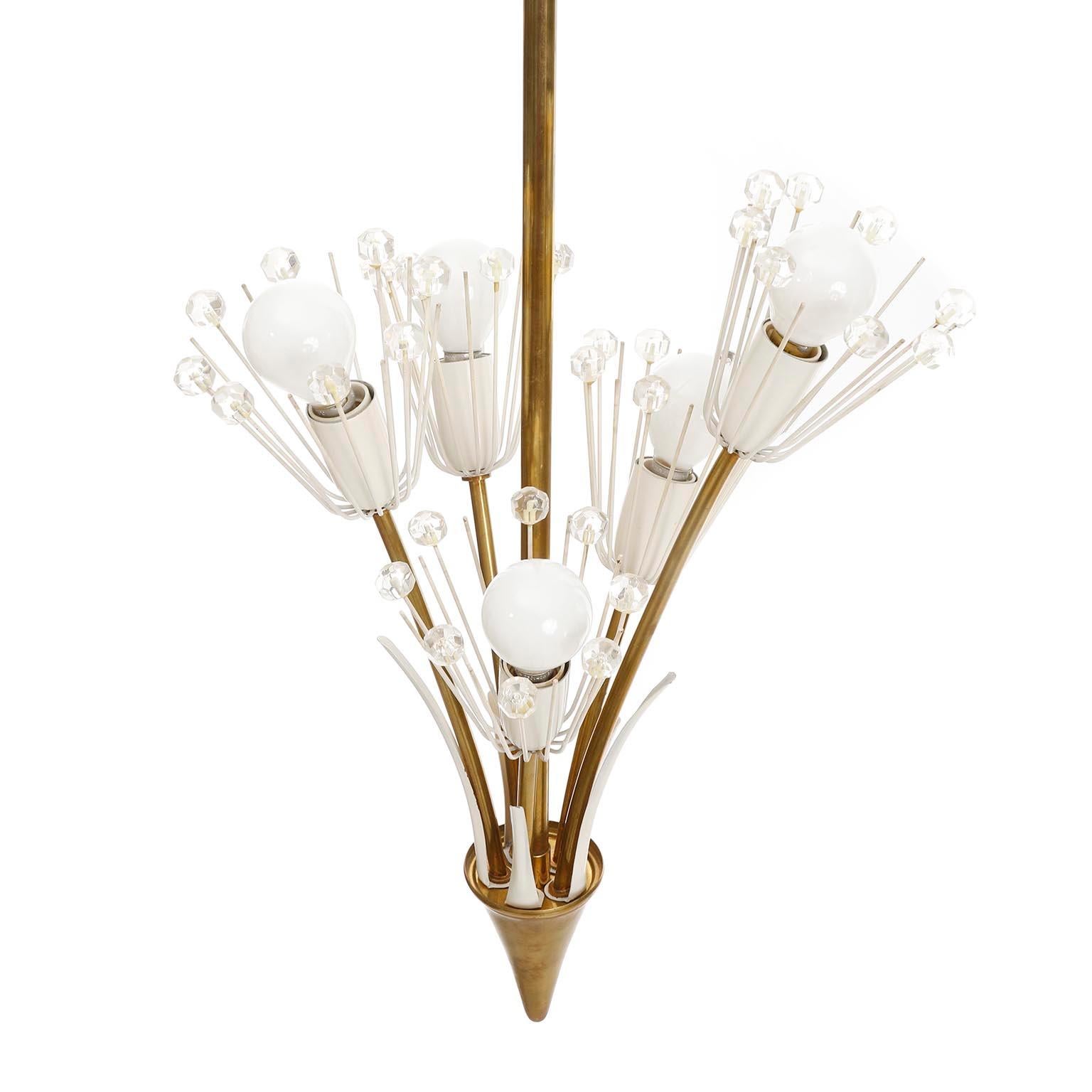 Emil Stejnar Pendant Light Chandelier, Brass Glass White Metal, Vienna, 1950s In Good Condition In Hausmannstätten, AT